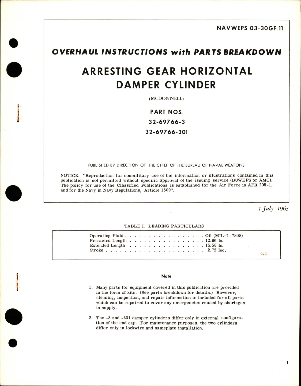 Sample page 1 from AirCorps Library document: Overhaul Instructions with Parts Breakdown for Arresting Gear Horizontal Damper Cylinder - Part 32-69766-3 and 32-69766-301