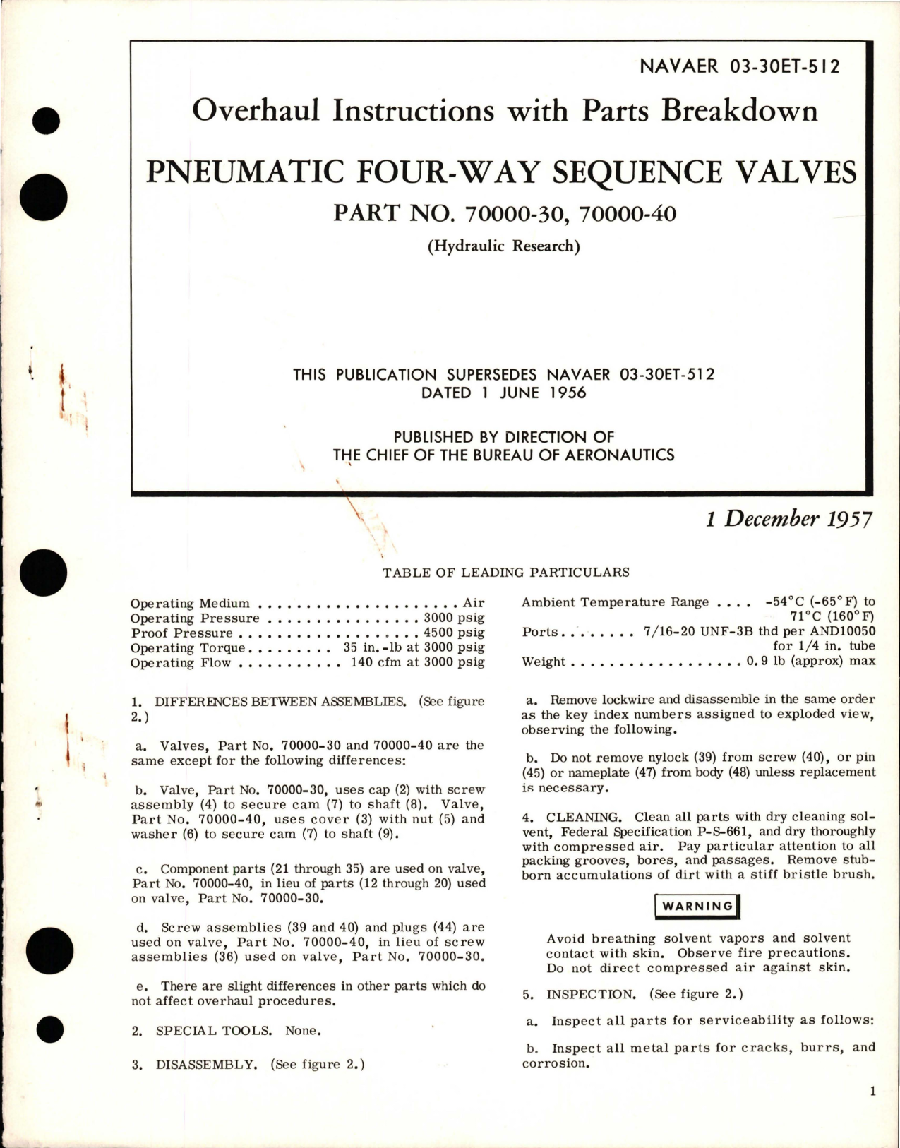 Sample page 1 from AirCorps Library document: Overhaul Instructions with Parts Breakdown for Pneumatic Four-Way Sequence Valves - Parts 70000-30 and 70000-40