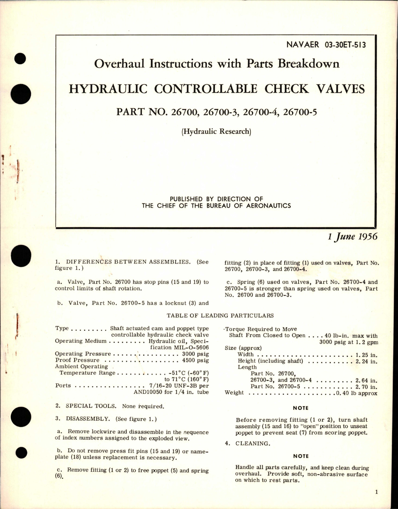 Sample page 1 from AirCorps Library document: Overhaul Instructions with Parts Breakdown for Hydraulic Controllable Check Valves - Parts 26700, 26700-3, 26700-4, and 26700-5