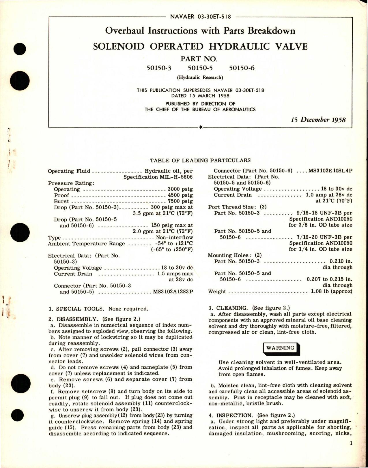 Sample page 1 from AirCorps Library document: Overhaul Instructions with Parts Breakdown for Solenoid Operated Hydraulic Valve - Parts 50150-3, 50150-5, and 50150-6 