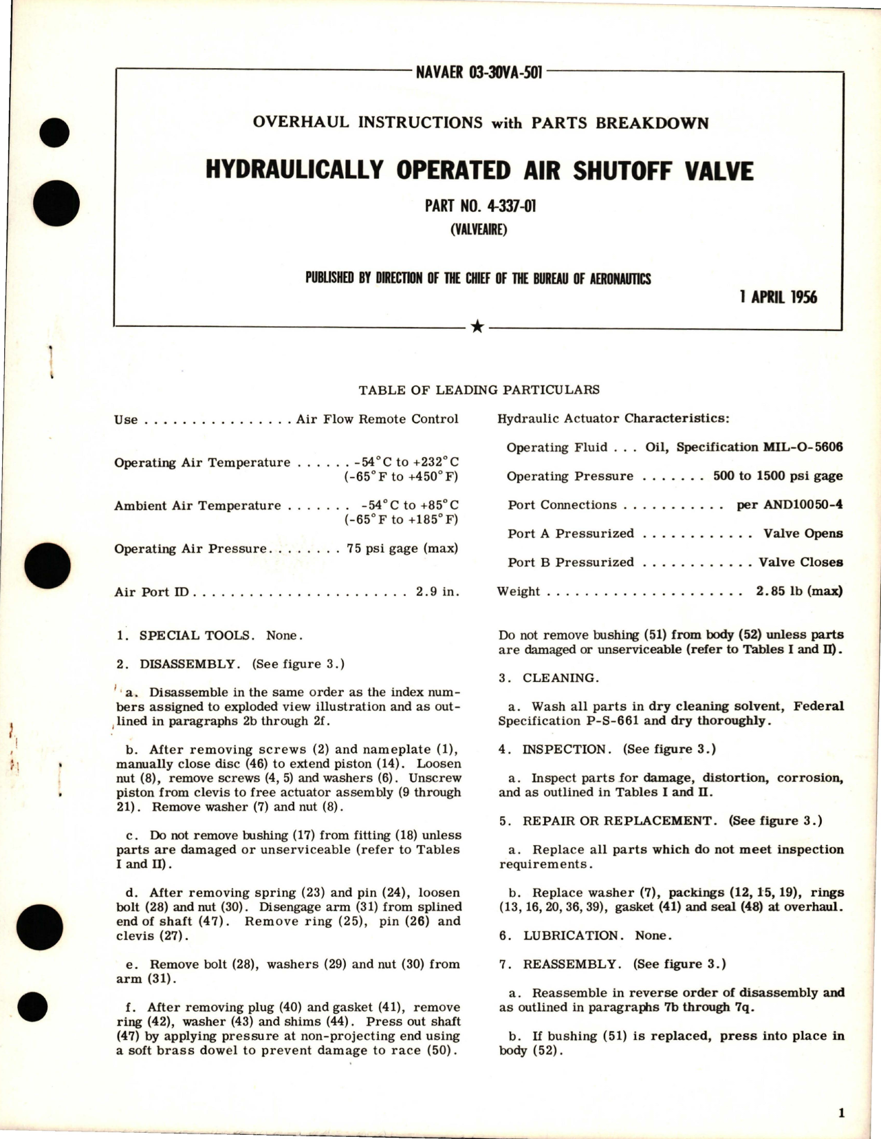 Sample page 1 from AirCorps Library document: Overhaul Instructions with Parts Breakdown for Hydraulically Operated Air Shutoff Valve - Part 4-337-01
