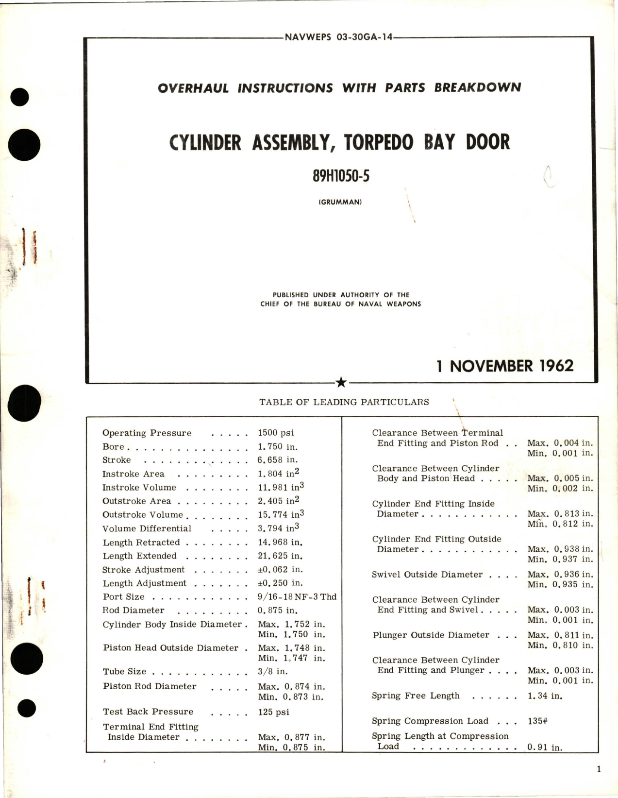 Sample page 1 from AirCorps Library document: Overhaul Instructions with Parts Breakdown for Torpedo Bay Door Cylinder Assembly - 89H1050-5