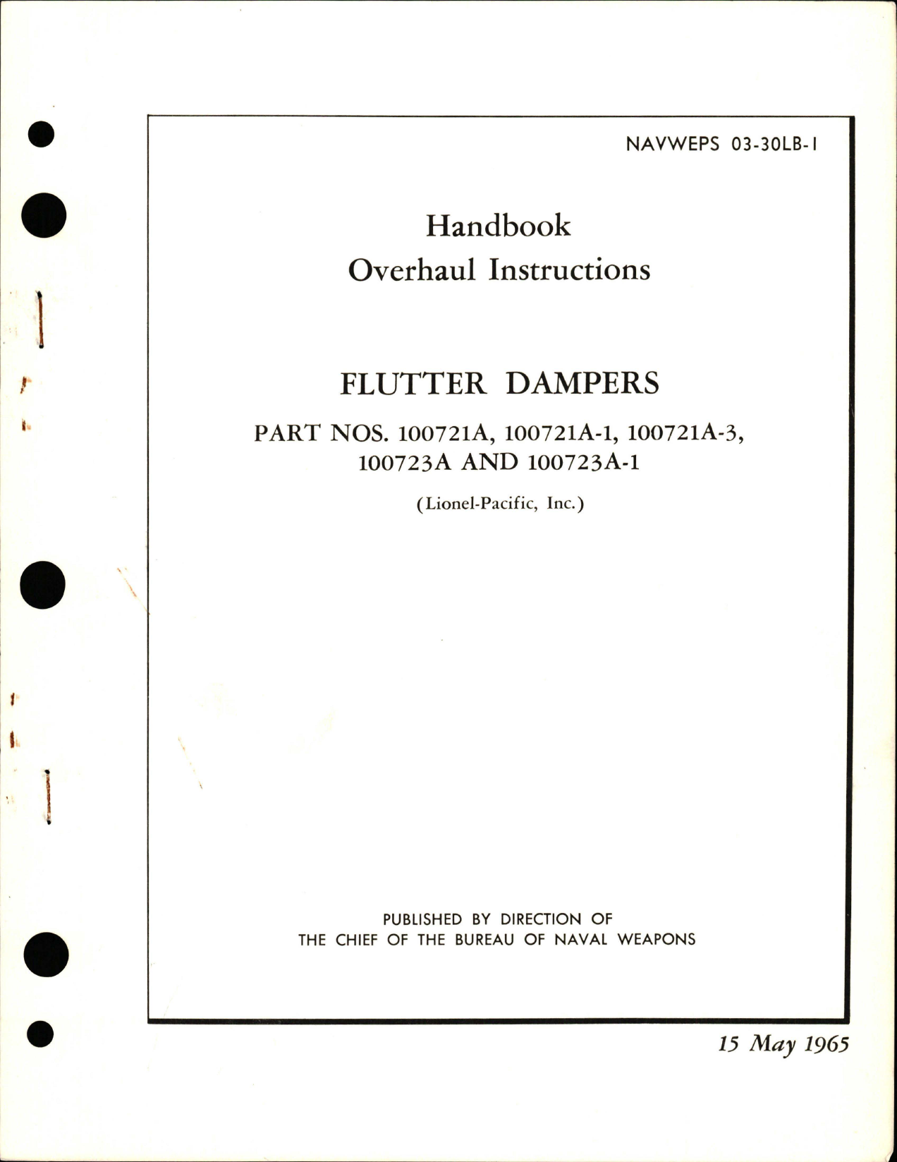 Sample page 1 from AirCorps Library document: Overhaul Instructions for Flutter Dampers - Parts 100721A, 100721A-1, 100721A-3, 100723A, and 100723A-1