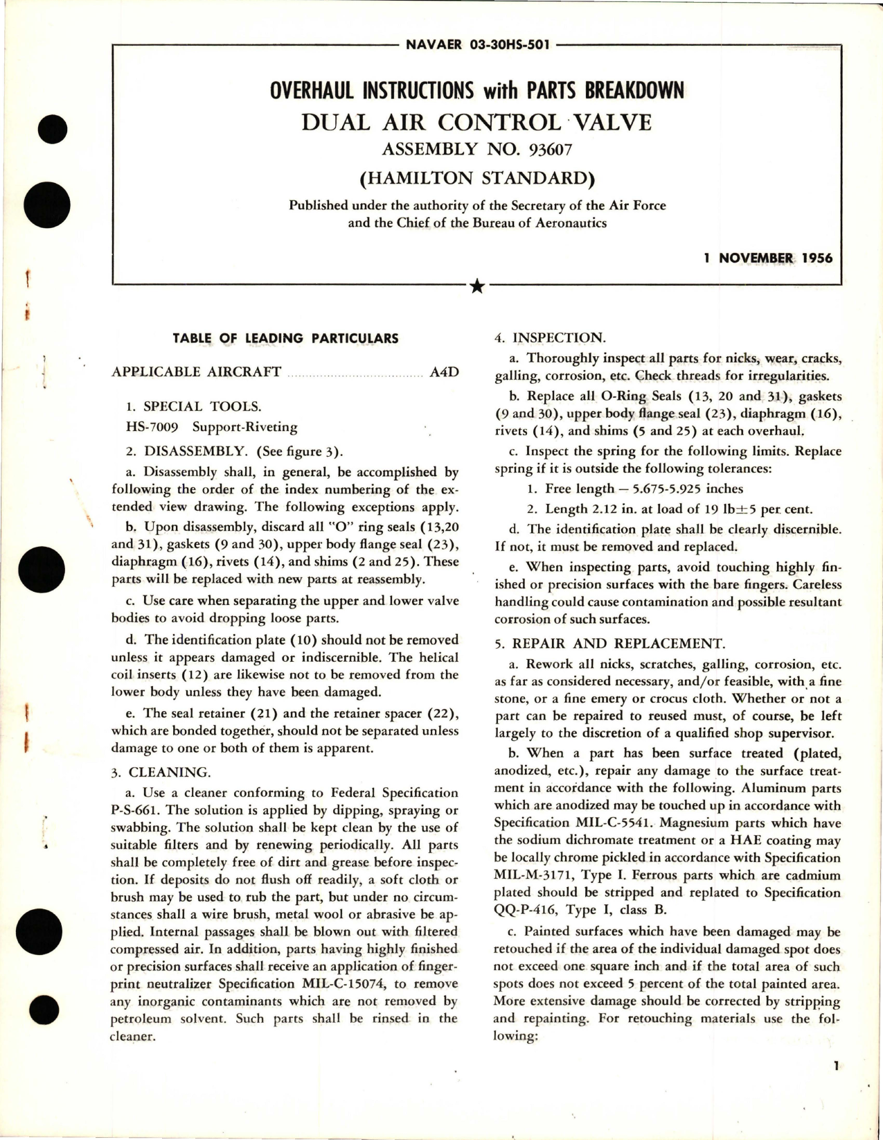 Sample page 1 from AirCorps Library document: Overhaul Instructions with Parts Breakdown for Dual Air Control Valve - Assembly 93607