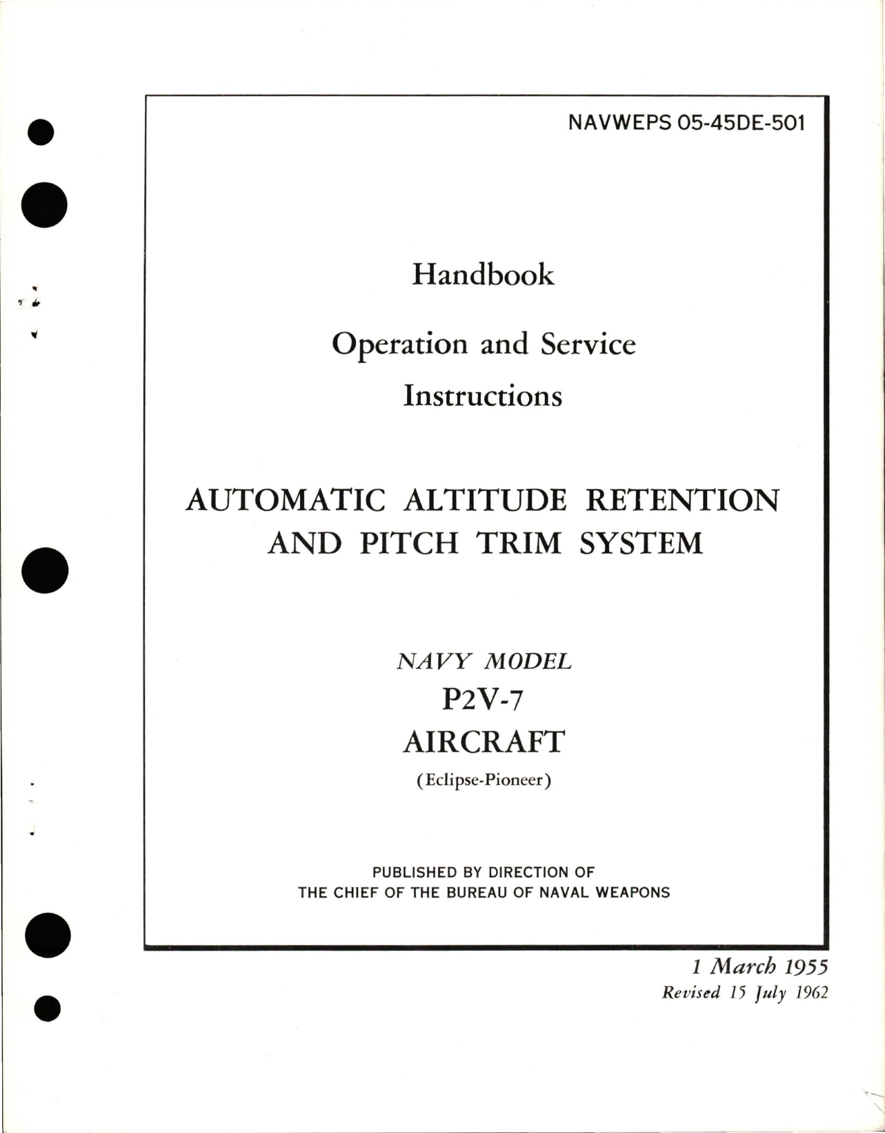 Sample page 1 from AirCorps Library document: Operation and Service Instructions for Automatic Altitude Retention & Pitch Trim System - P2V-7