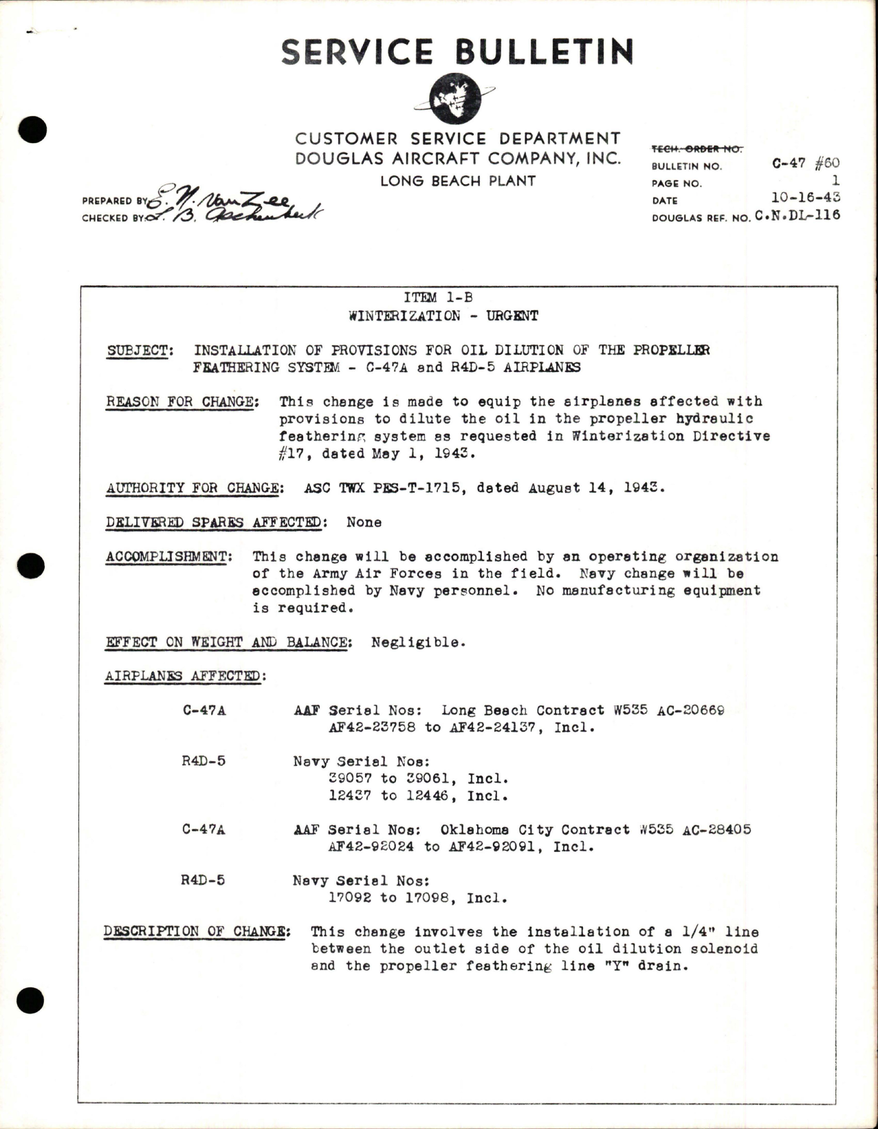 Sample page 1 from AirCorps Library document: Installation of Provisions for Oil Dilution of the Propeller Feathering System