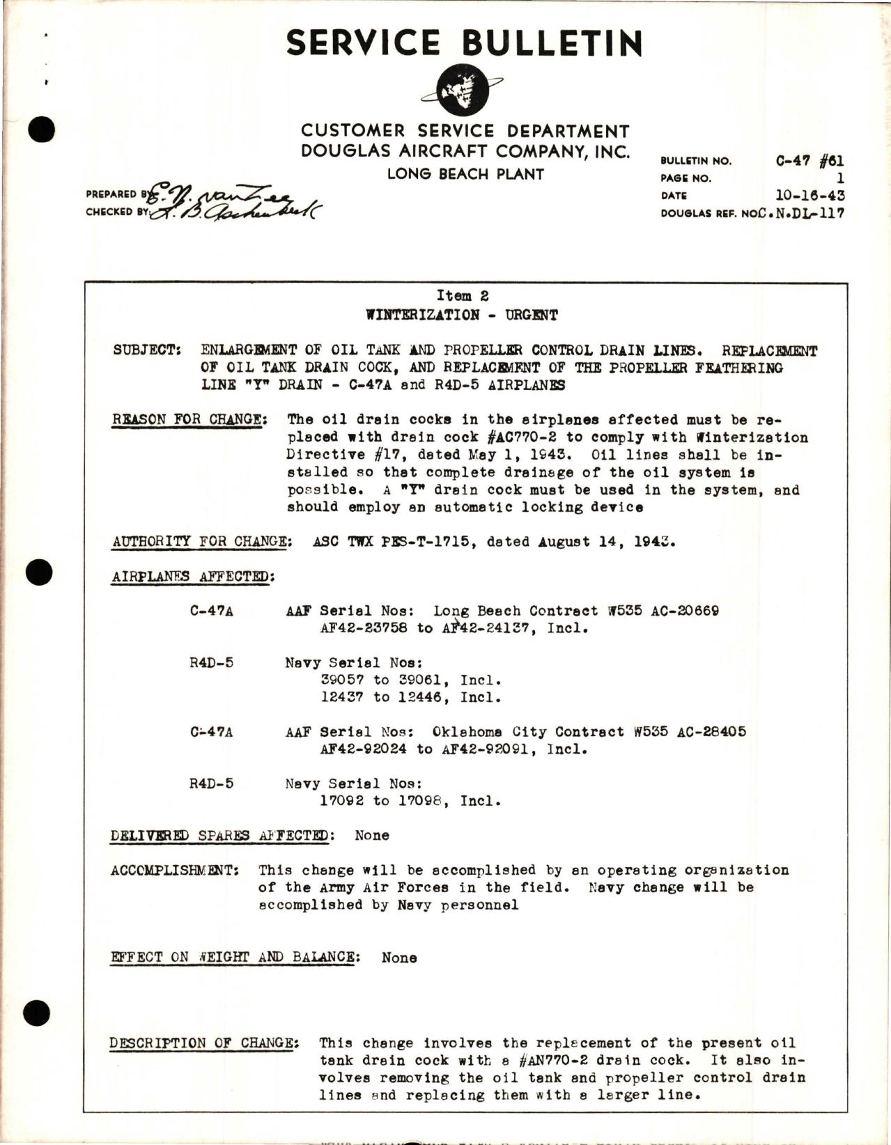 Sample page 1 from AirCorps Library document: Enlargement of Oil Tank and Propeller Control Lines, Replacement of Oil Tank Drain Cock and Propeller Feathering Line 