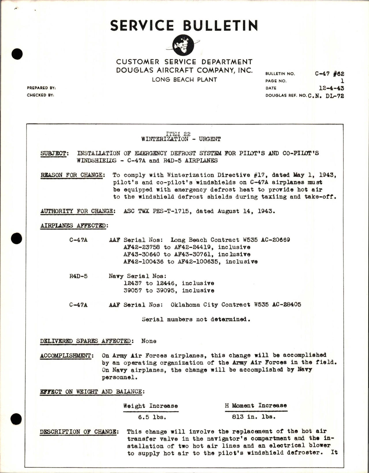 Sample page 1 from AirCorps Library document: Installation of Emergency Defrost System for Pilot's and Co-Pilot's Windshields