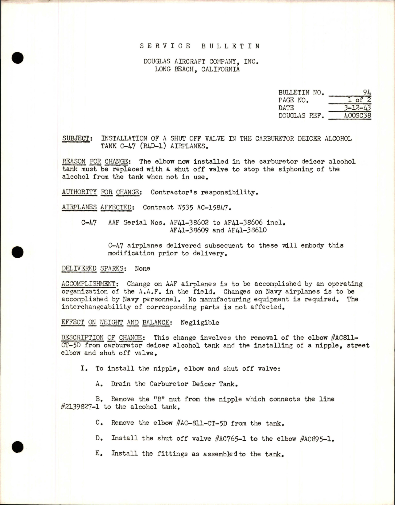 Sample page 1 from AirCorps Library document: Installation of a Shut Off Valve in the Carburetor Deicer Alcohol Tank