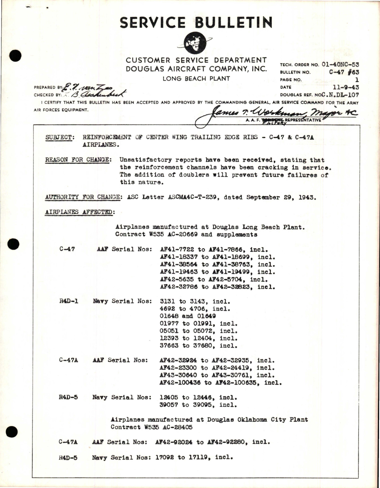 Sample page 1 from AirCorps Library document: Reinforcement of Center Wing Trailing Edge Ribs