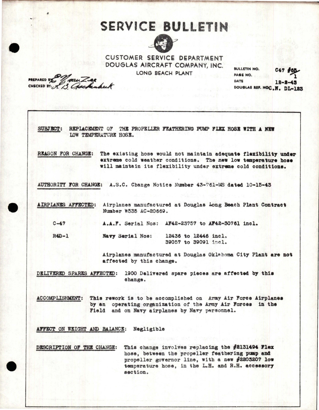 Sample page 1 from AirCorps Library document: Reinforcement of the Propeller Feathering Pump Flex Hose with a New Low Temperature Hose