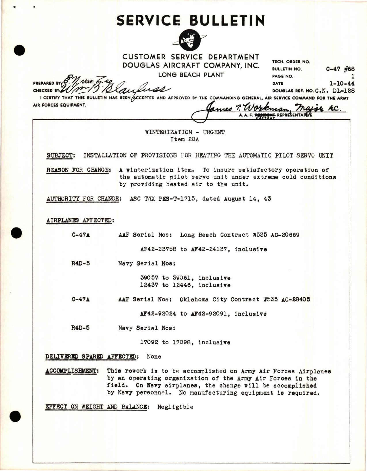 Sample page 1 from AirCorps Library document: Installation of Provisions for Heating the Automatic Pilot Servo Unit