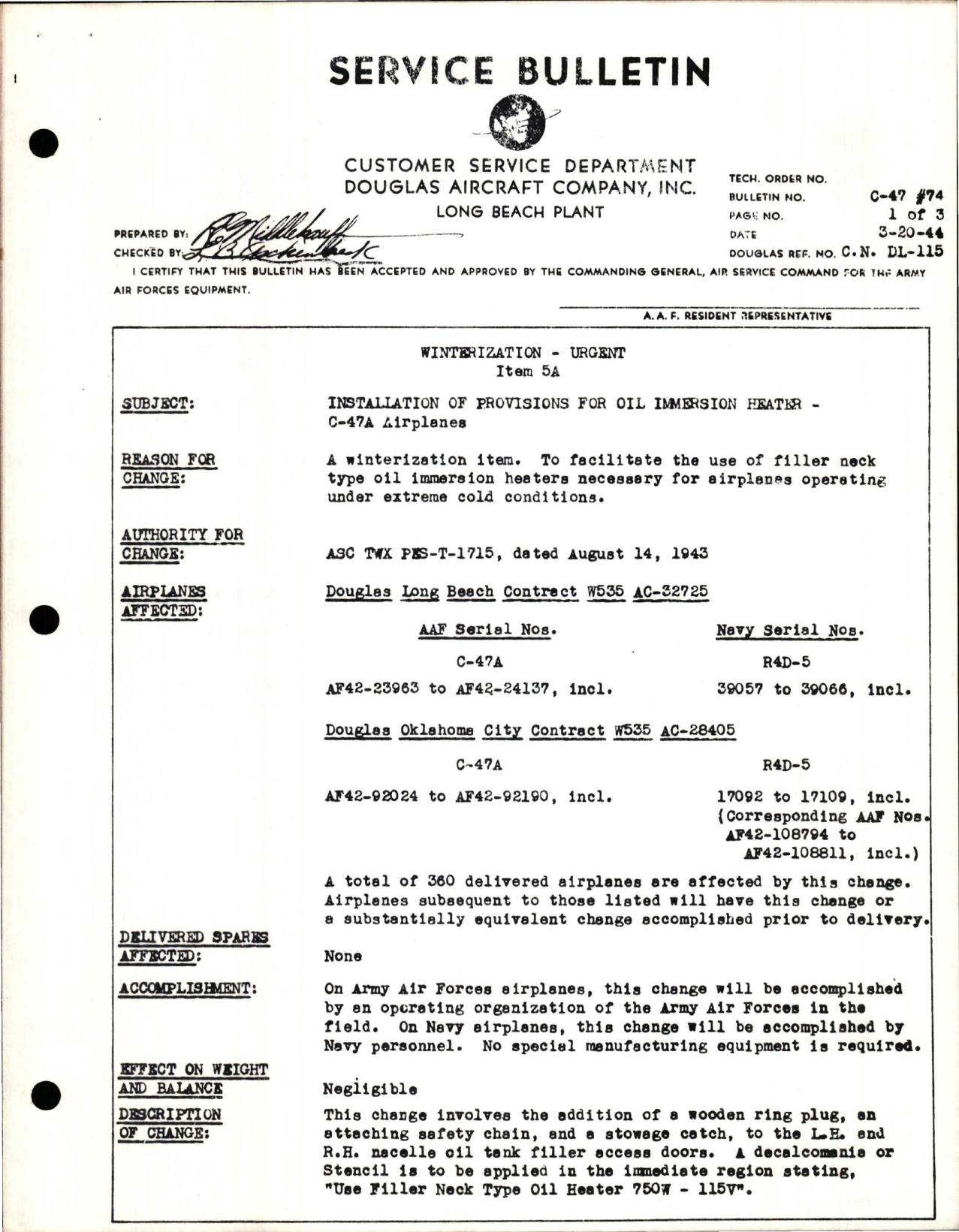 Sample page 1 from AirCorps Library document: Installation of Provisions for Oil Immersion Heater