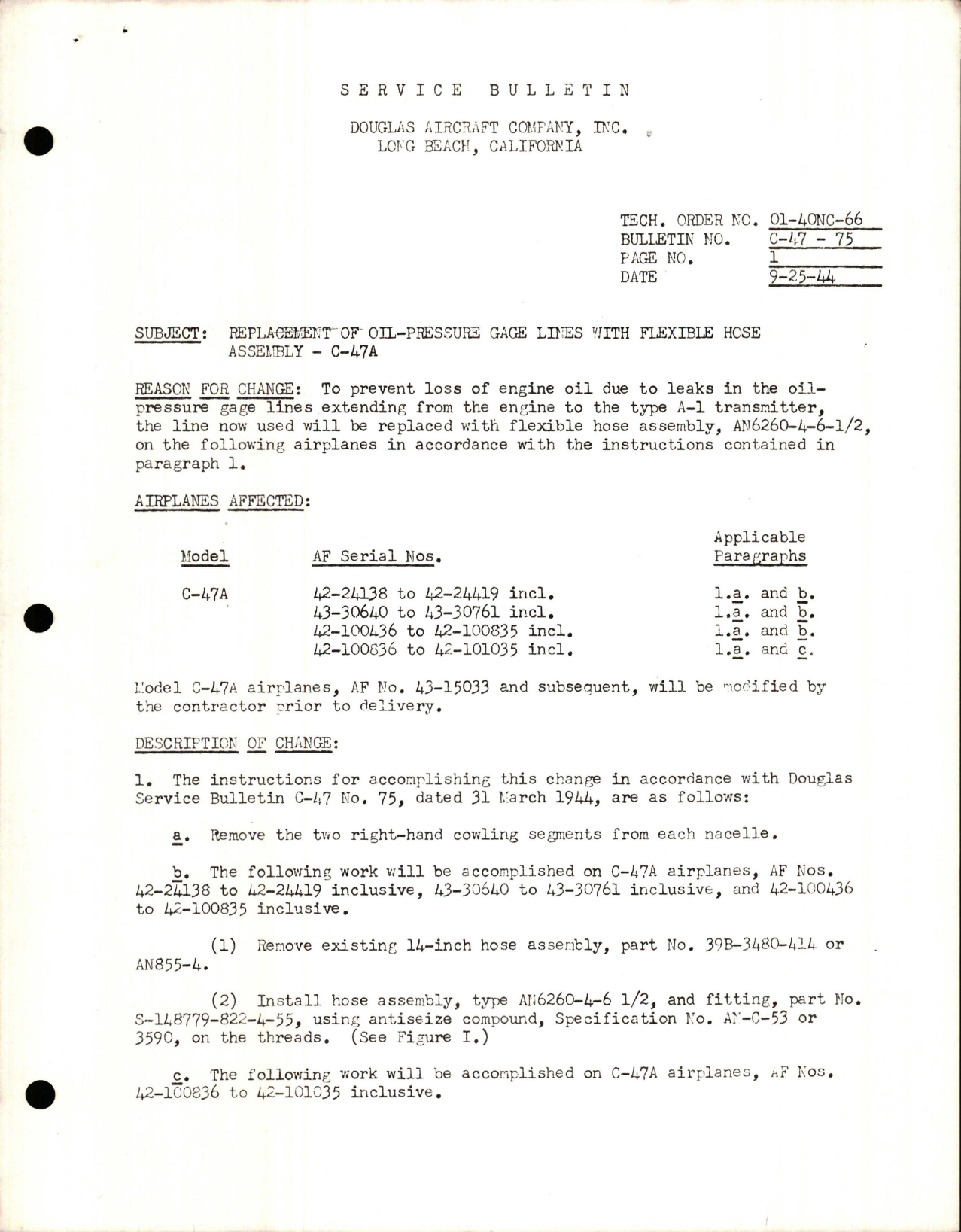 Sample page 1 from AirCorps Library document: Replacement of Oil-Pressure Gage Lines with Flexible Hose Assembly
