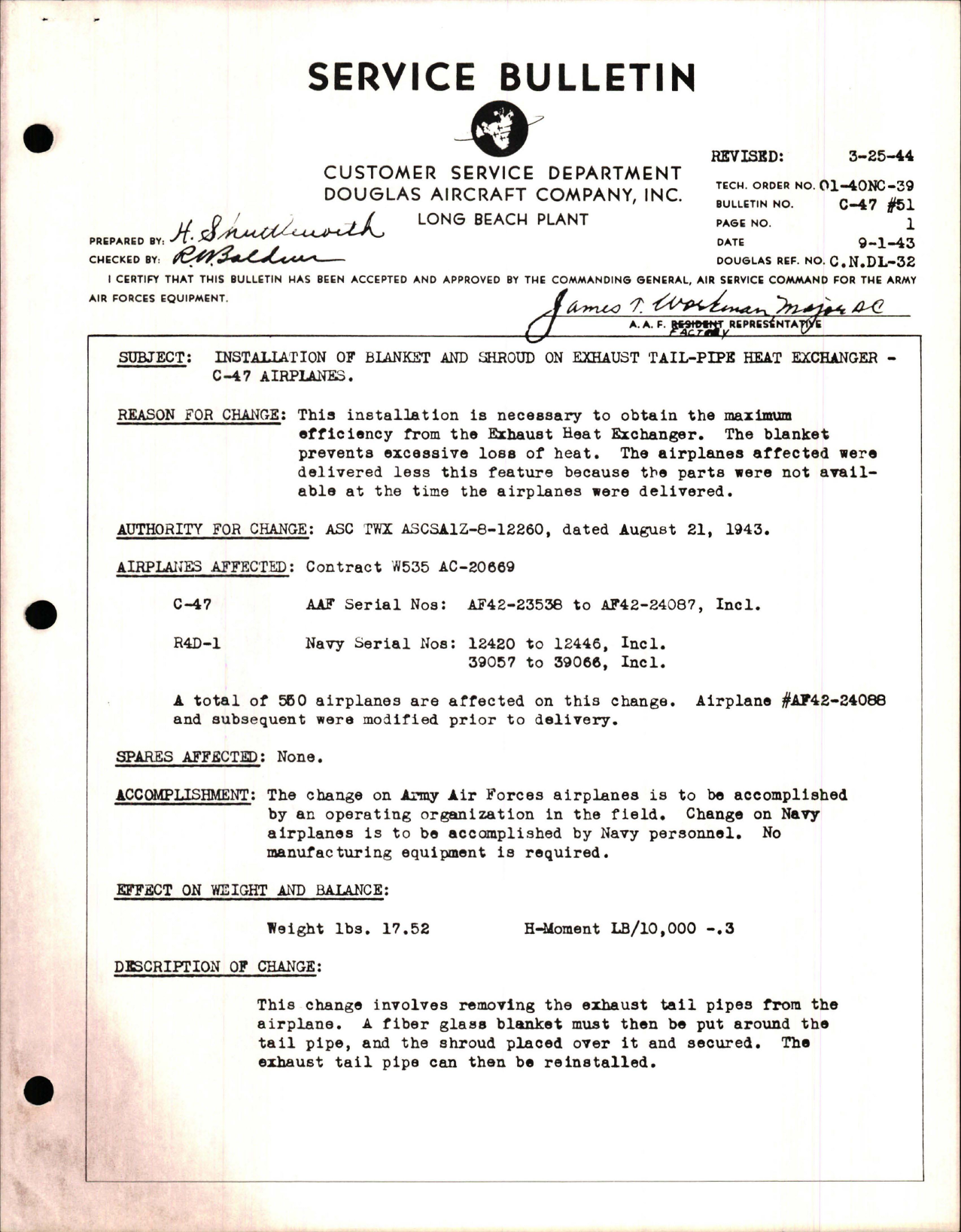 Sample page 1 from AirCorps Library document: Installation of Blanket and Shroud on Exhaust Tail Pipe Heat Exchanger