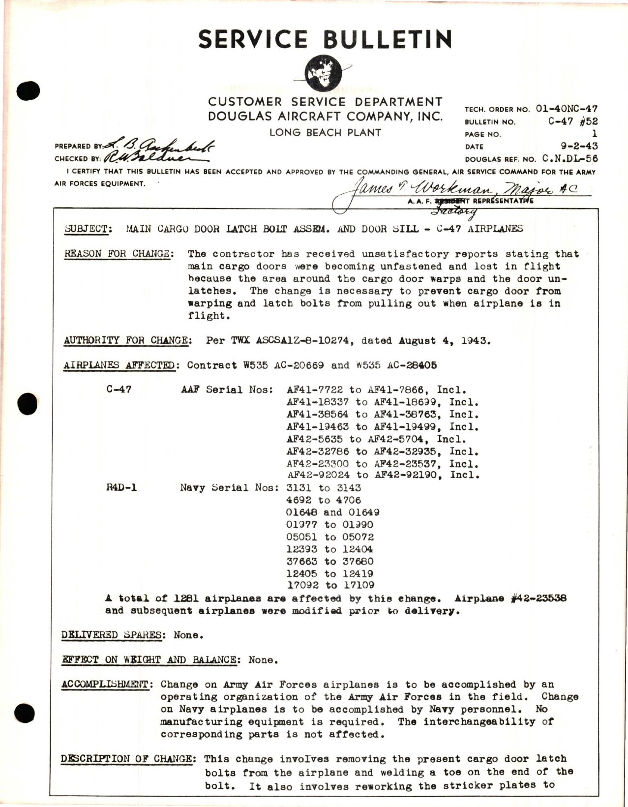 Sample page 1 from AirCorps Library document: Main Cargo Door Latch Bolt Assembly & Door Sill