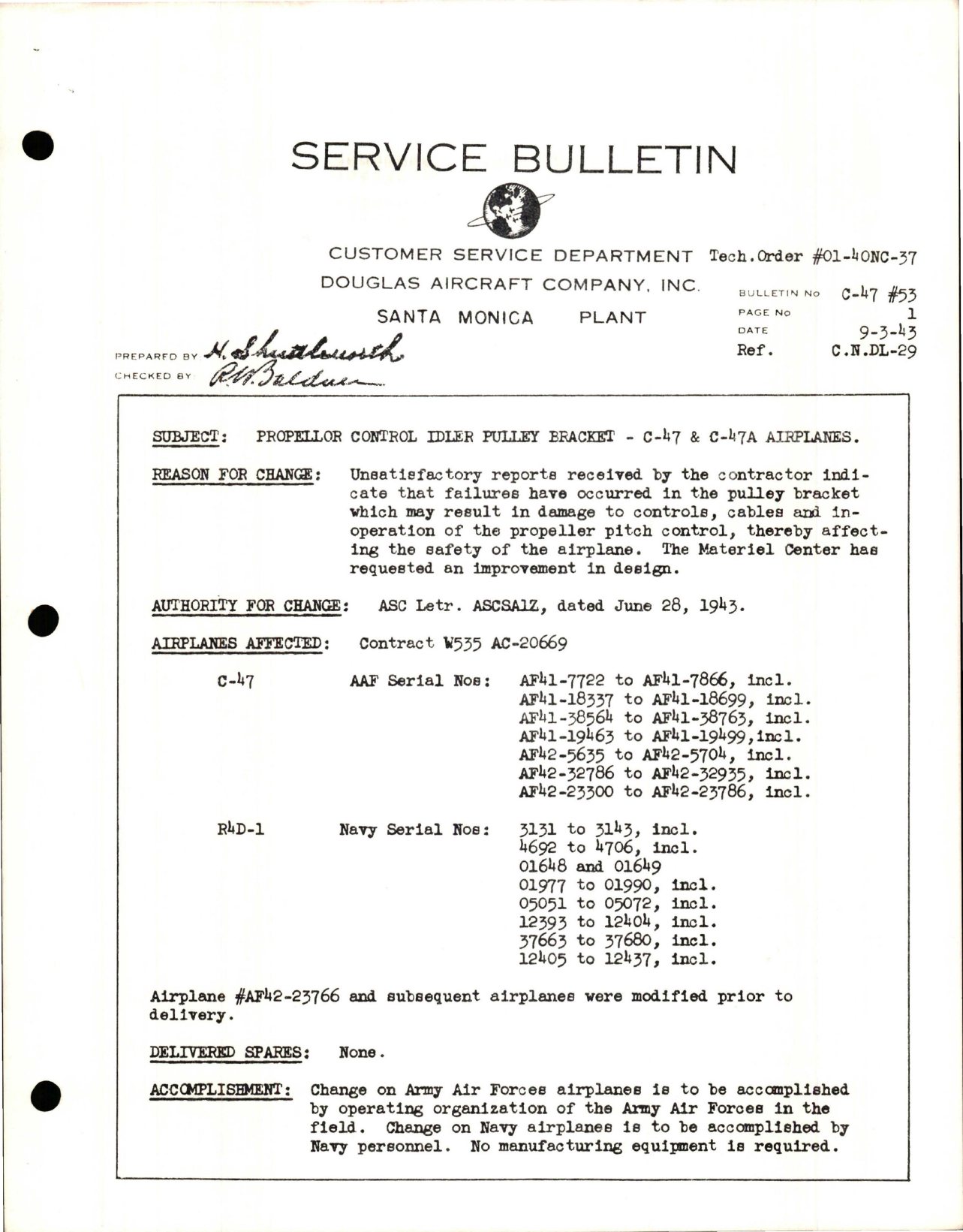 Sample page 1 from AirCorps Library document: Propeller Control Idler Pulley Bracket