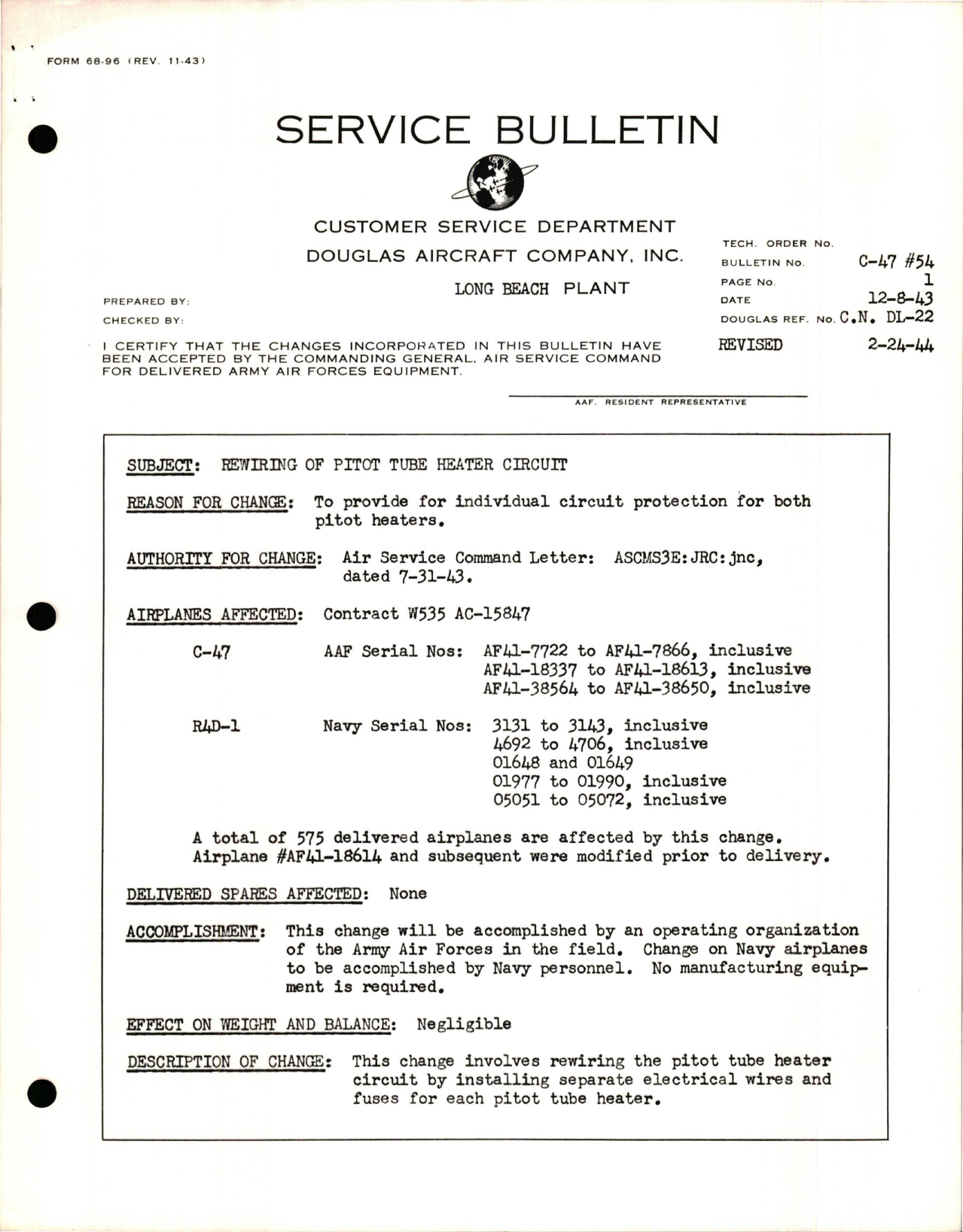 Sample page 1 from AirCorps Library document: Rewiring of Pitot Tube Heater Circuit