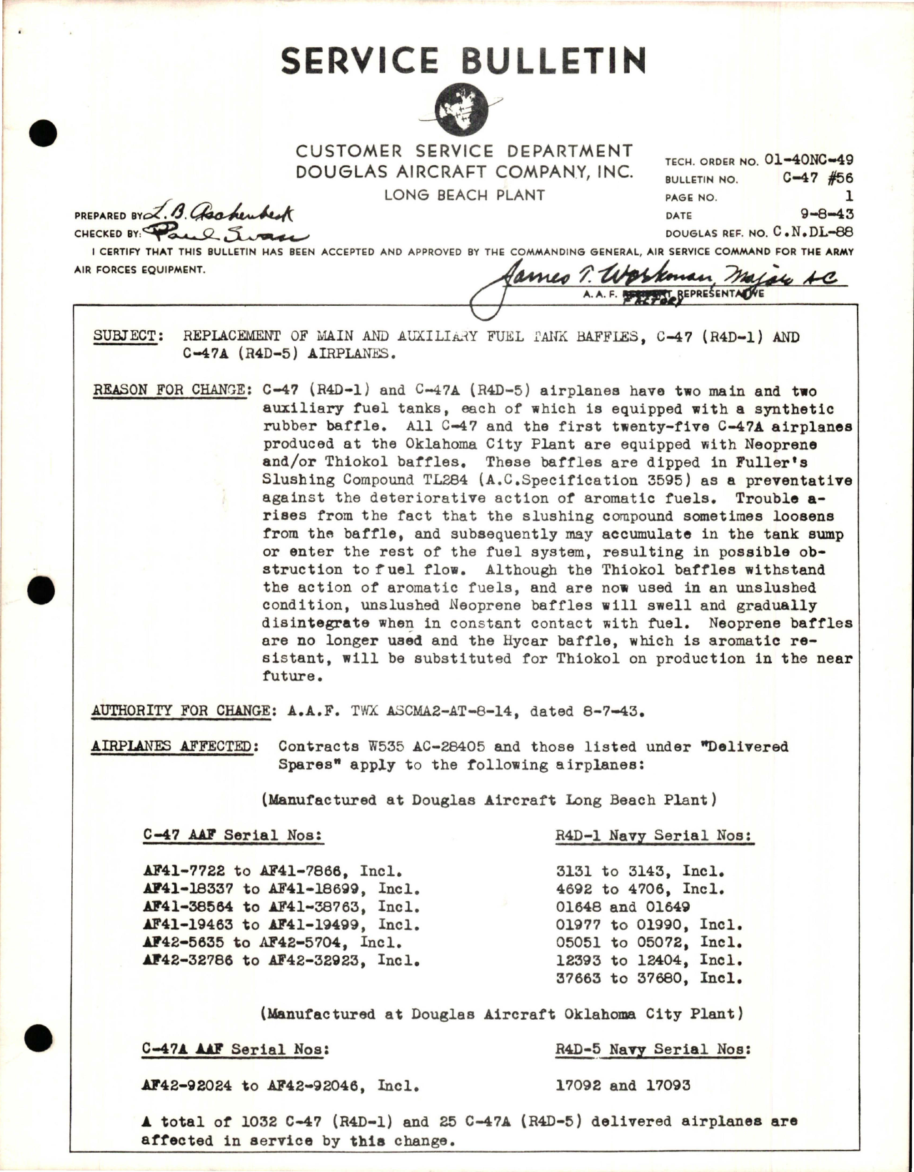 Sample page 1 from AirCorps Library document: Replacement of Main and Auxiliary Fuel Tank Baffles