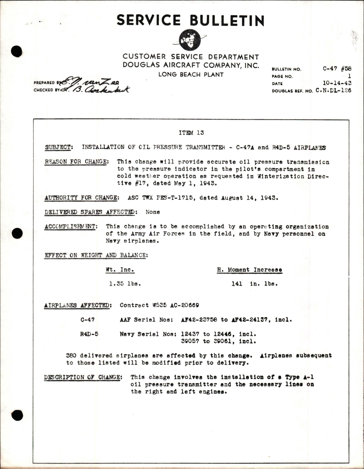 Sample page 1 from AirCorps Library document: Installation of Oil Pressure Transmitter