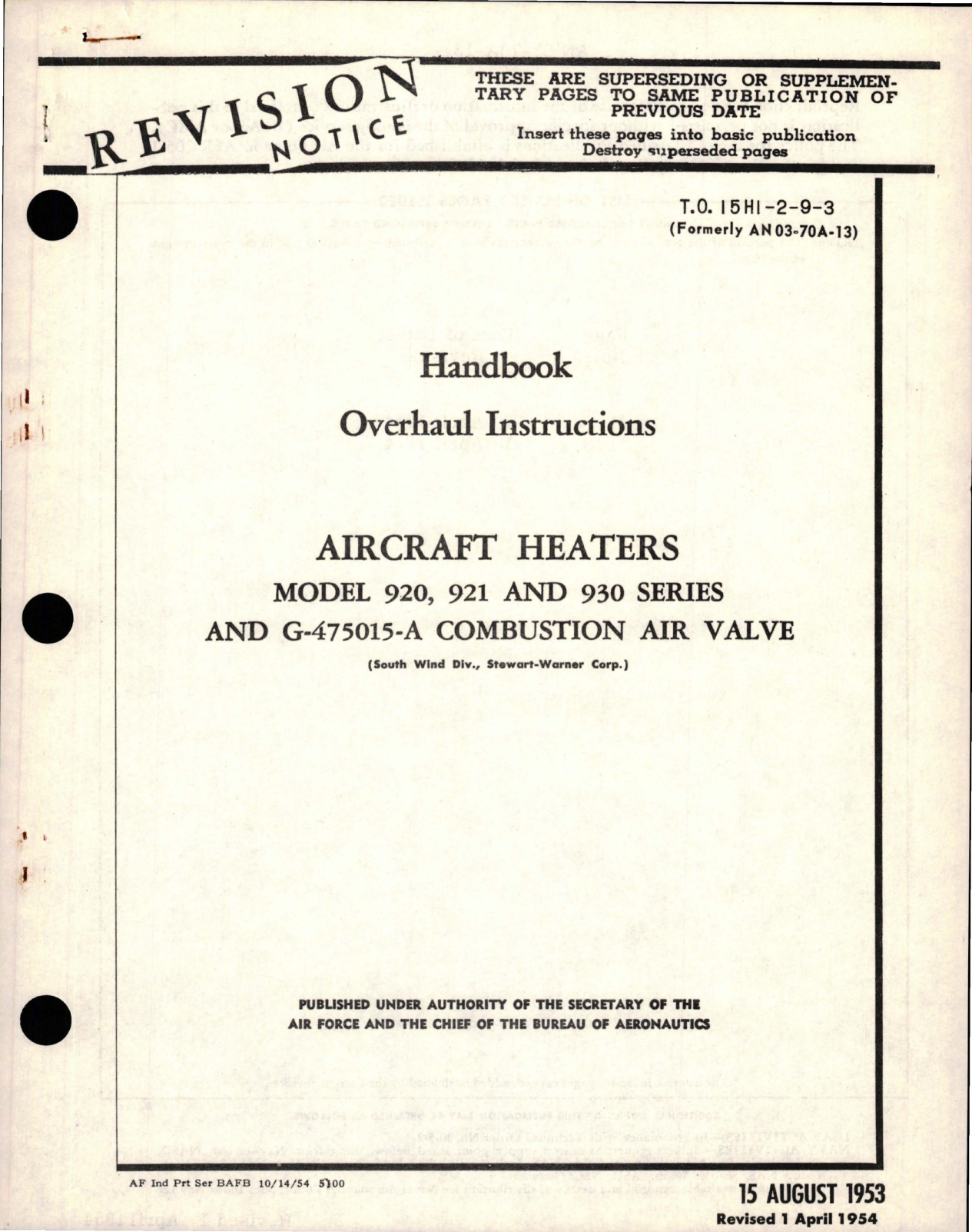 Sample page 1 from AirCorps Library document: Overhaul Instructions for Aircraft Heaters - Model 920, 921 and 930, and G-475015-A Combustion Air Valve