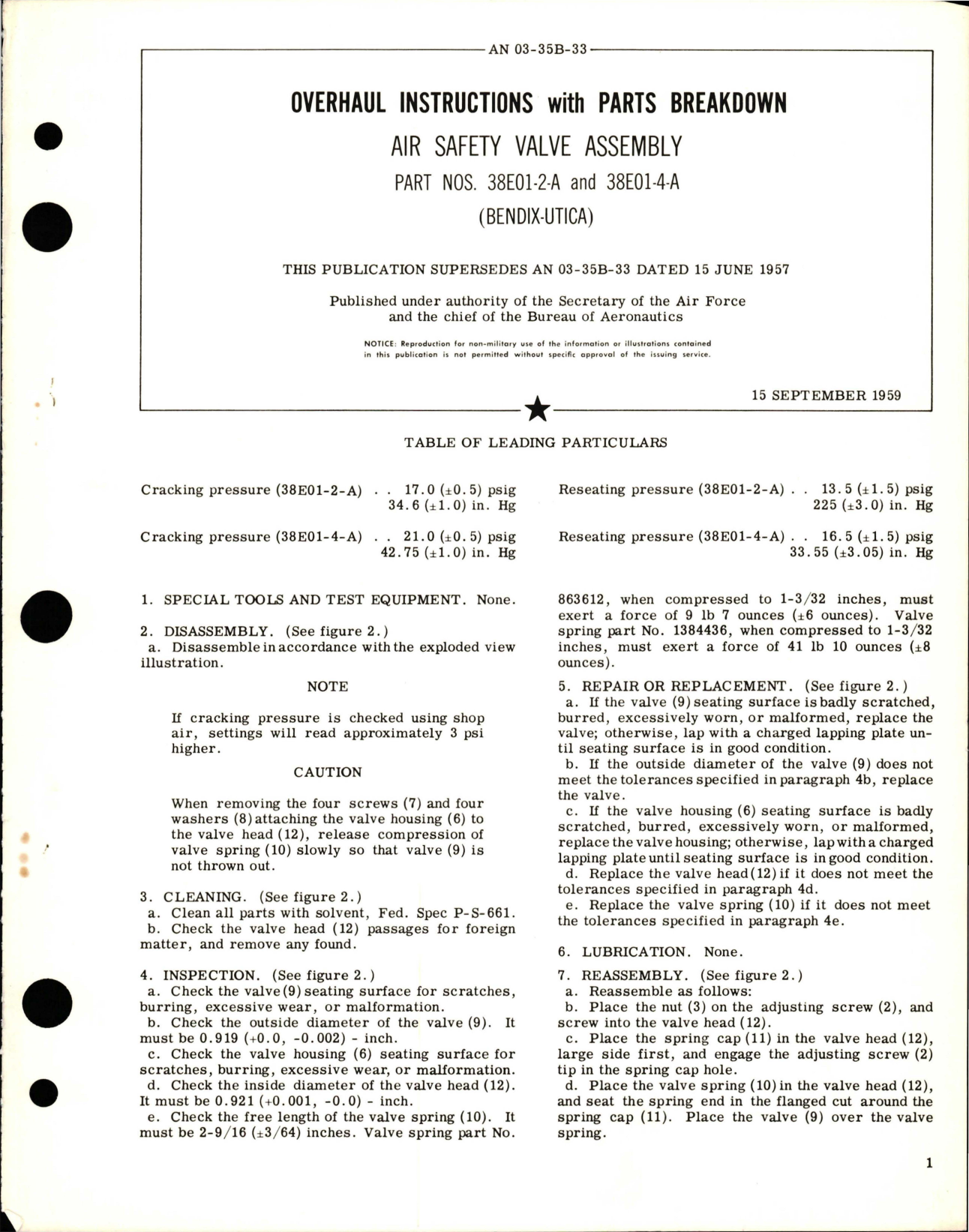 Sample page 1 from AirCorps Library document: Overhaul Instructions with Parts Breakdown for Air Safety Valve Assembly - Parts 38E01-2-A and 38E01-4-A