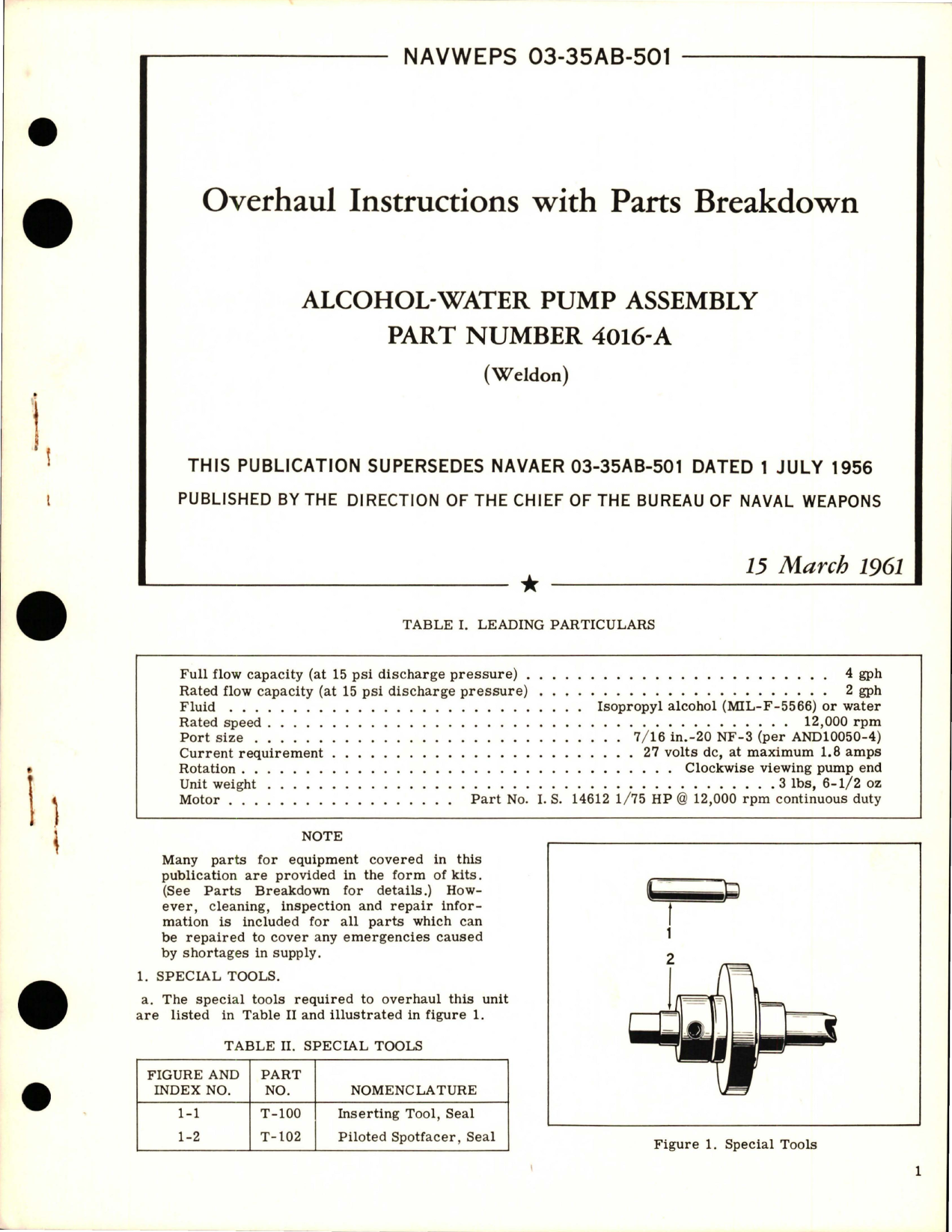 Sample page 1 from AirCorps Library document: Overhaul Instructions with Parts Breakdown for Alcohol-Water Pump Assembly - Part 4016-A