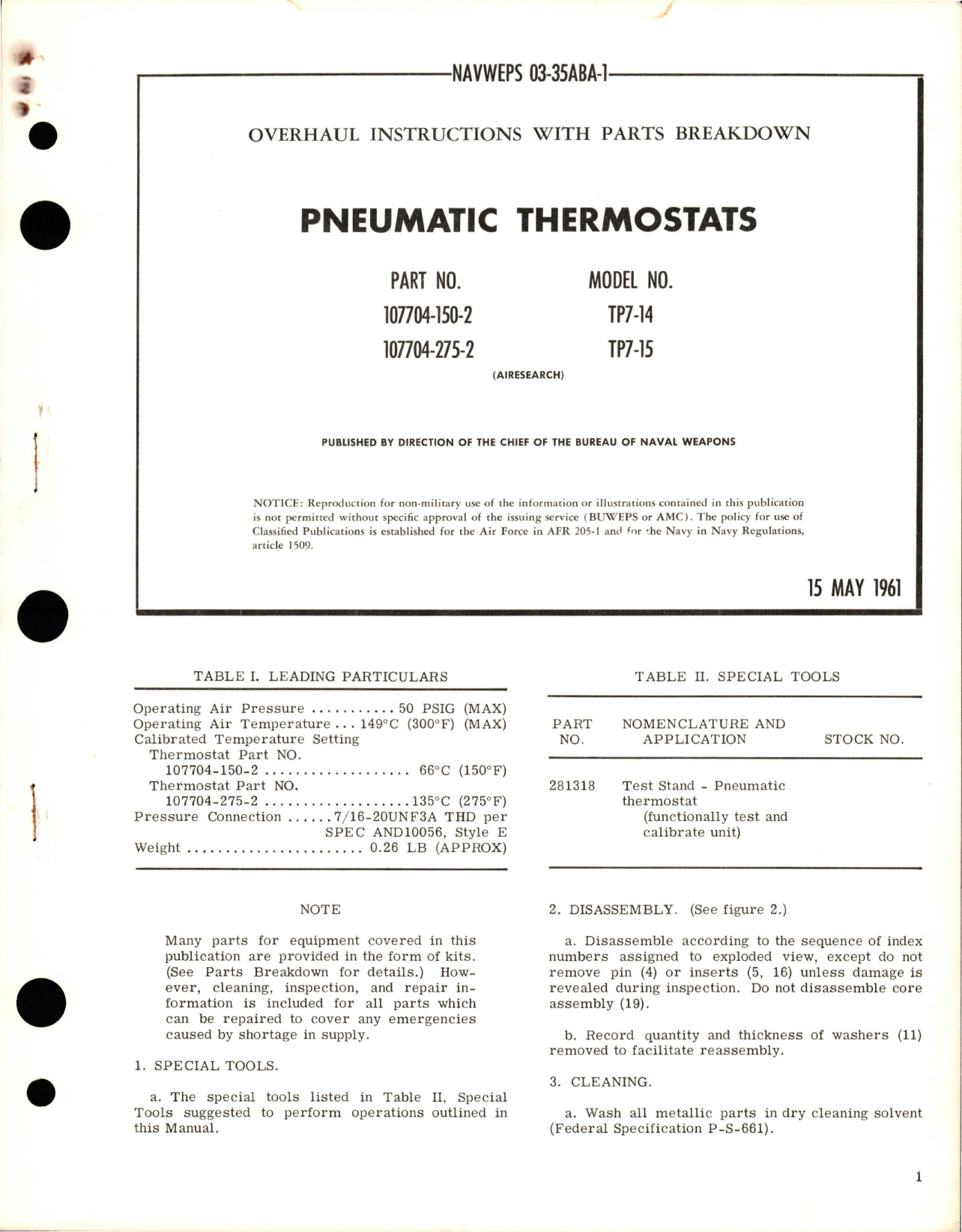 Sample page 1 from AirCorps Library document: Overhaul Instructions with Parts Breakdown for Pneumatic Thermostats - Parts 107704-150-2 and 107704-275-2