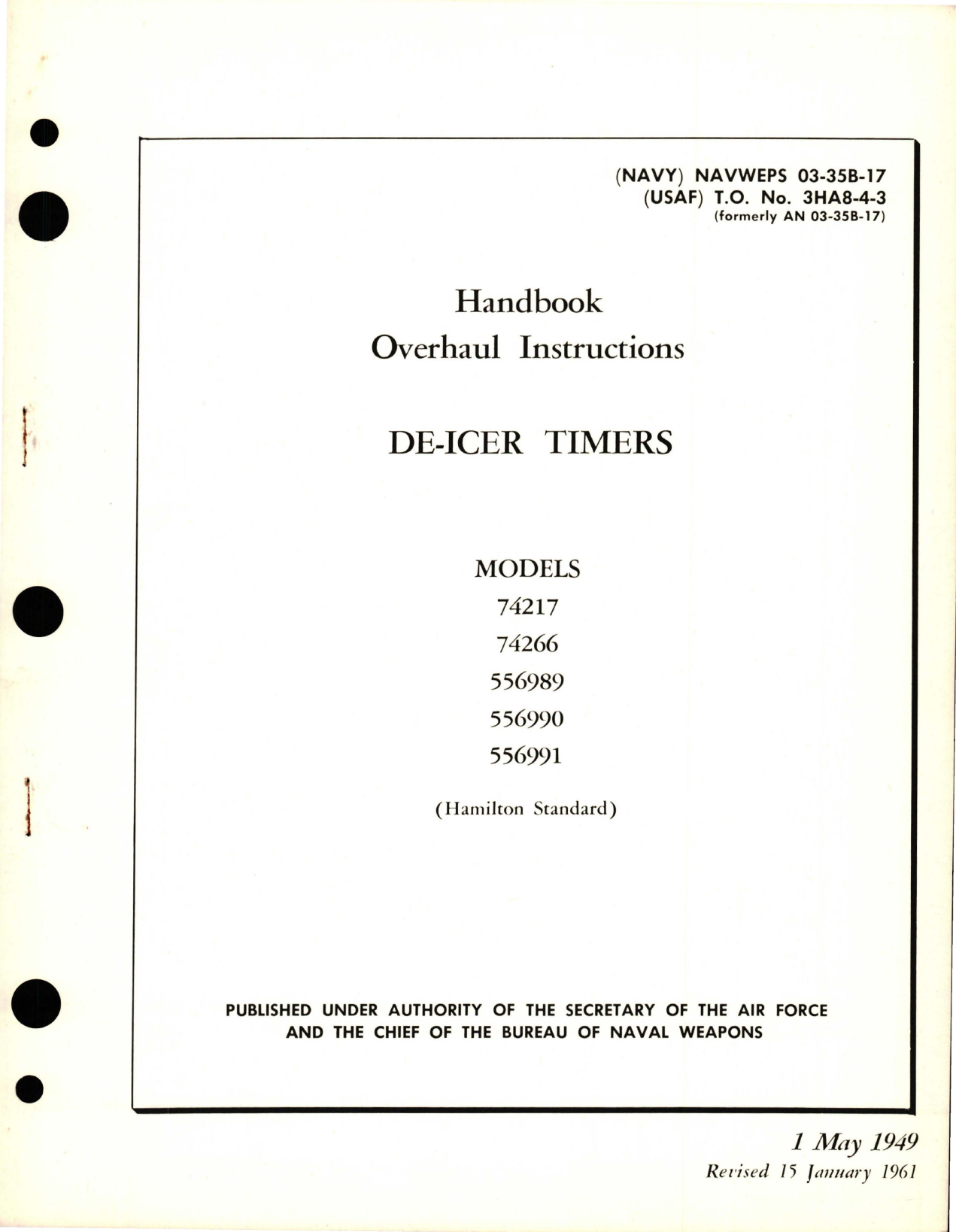 Sample page 1 from AirCorps Library document: Overhaul Instructions for De-Icer Timers - Models 74217, 74266, 556989, 556990, and 556991