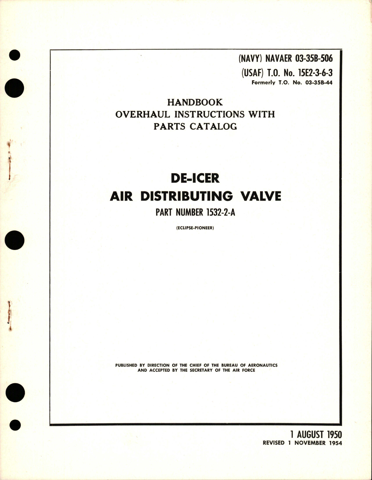 Sample page 1 from AirCorps Library document: Overhaul Instructions with Parts Catalog for De-Icer Air Distributing Valve - Part 1532-2-A 