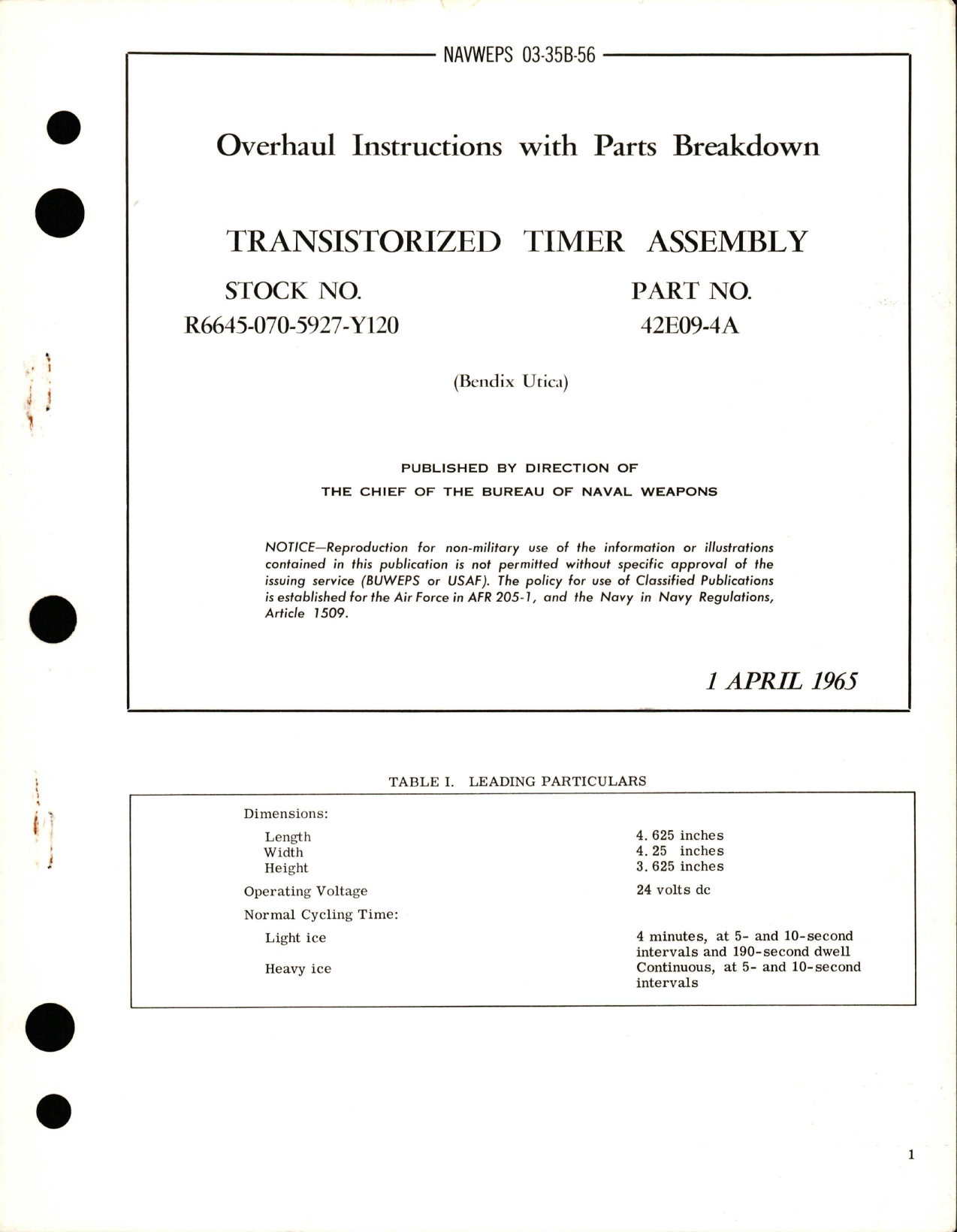 Sample page 1 from AirCorps Library document: Overhaul Instructions with Parts Breakdown for Transistorized Timer Assembly - Part 42E09-4A 