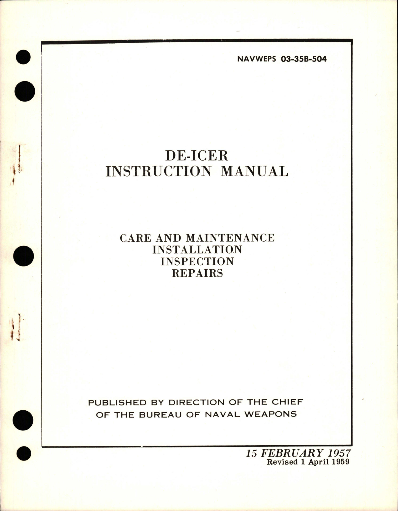 Sample page 1 from AirCorps Library document: Instruction Manual for De-Icer Care & Maintenance, Installation, Inspection, and Repairs
