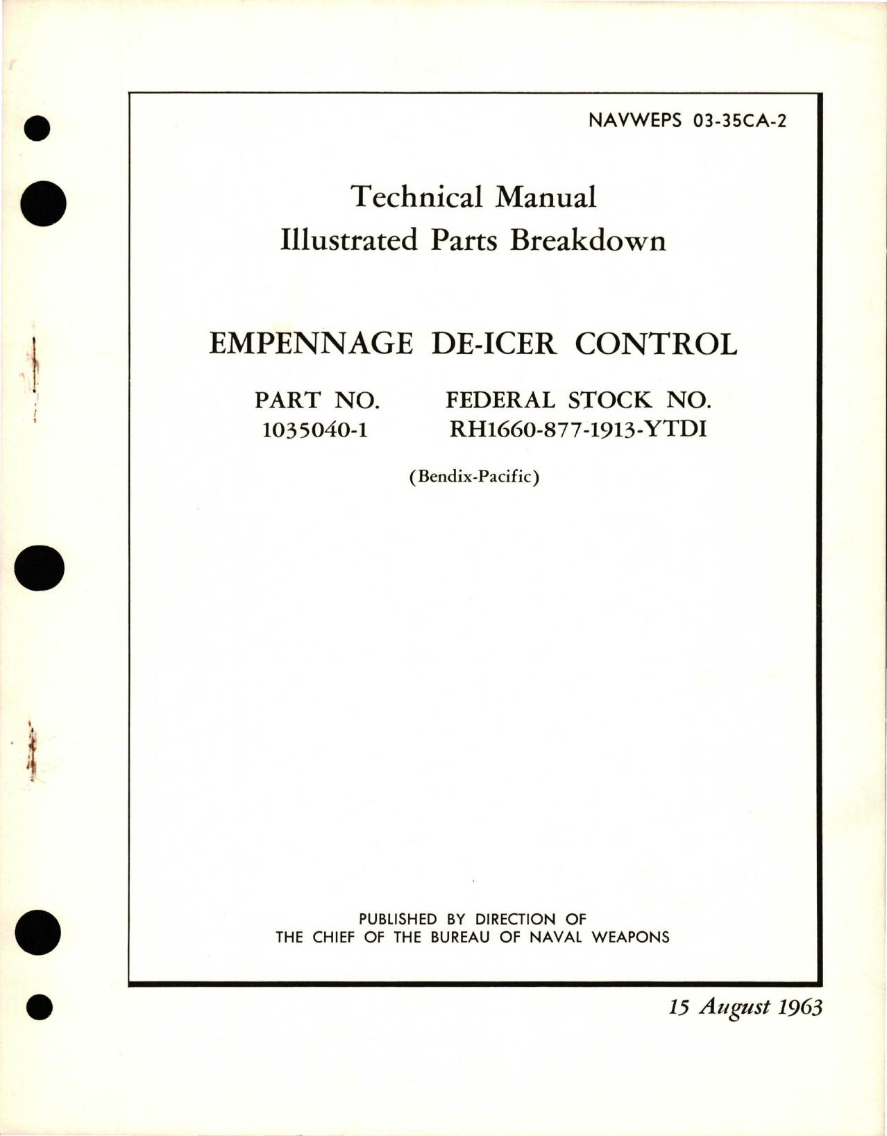 Sample page 1 from AirCorps Library document: Illustrated Parts Breakdown for Empennage De-Icer Control - Part 1035040-1