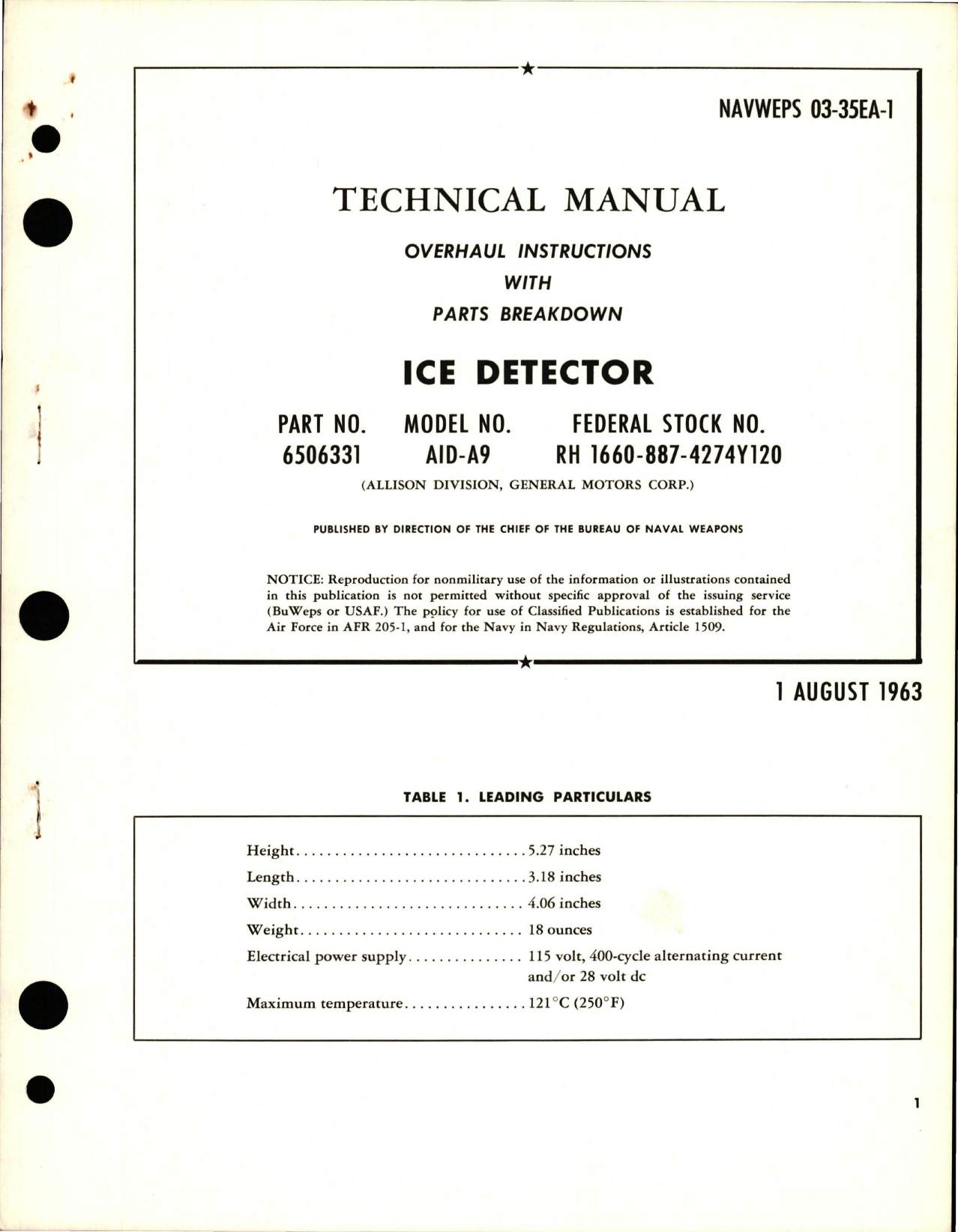 Sample page 1 from AirCorps Library document: Overhaul Instructions with Parts Breakdown for Ice Detector - Part 6506331 - Model AID-A9