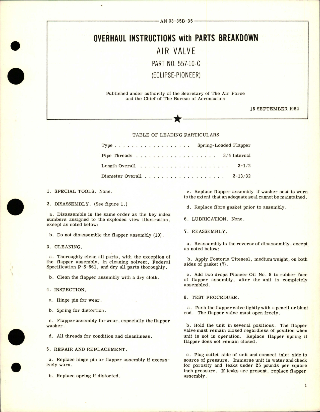 Sample page 1 from AirCorps Library document: Overhaul Instructions with Parts Breakdown for Air Valve - Part 557-10-C 
