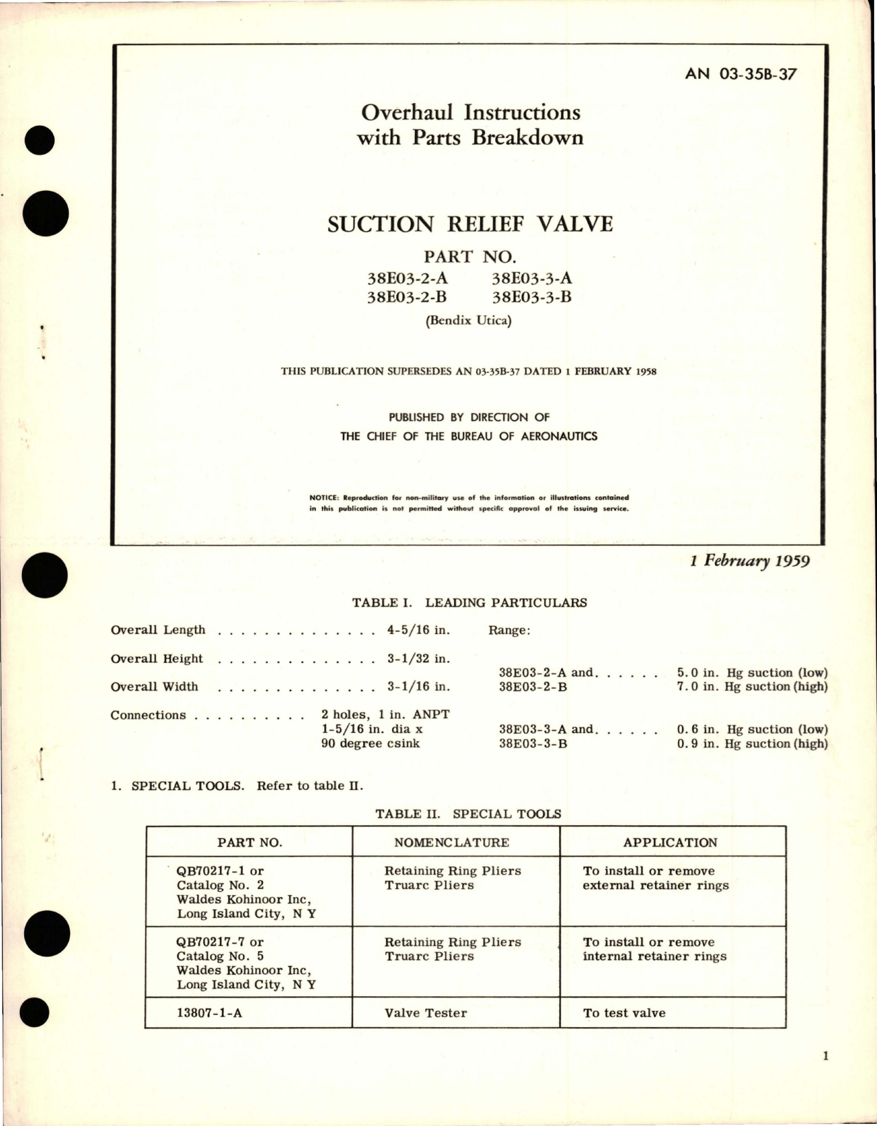 Sample page 1 from AirCorps Library document: Overhaul Instructions with Parts Breakdown for Suction Relief Valve - Parts 38E03-2-A, 38E03-2-B, 38E03-3-A, and 38E03-3-B