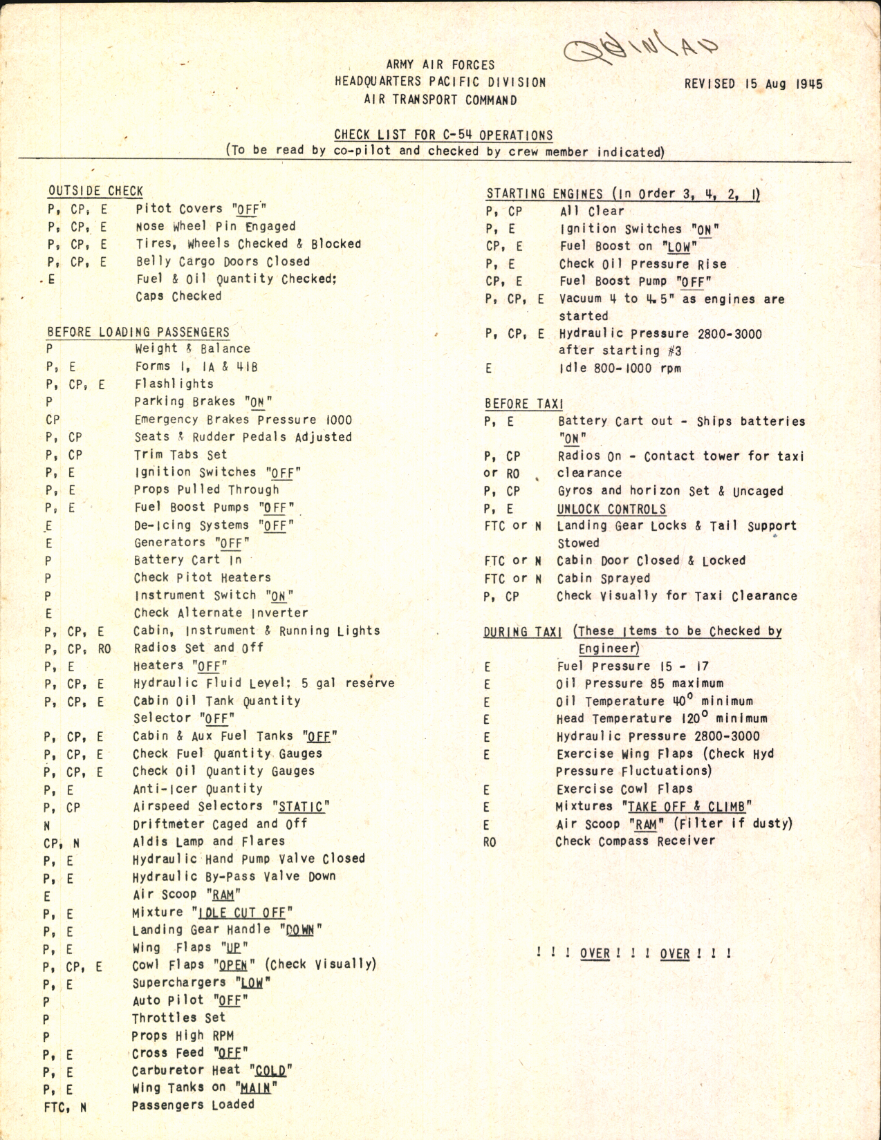 Sample page 1 from AirCorps Library document: Check List for C-54 Operations