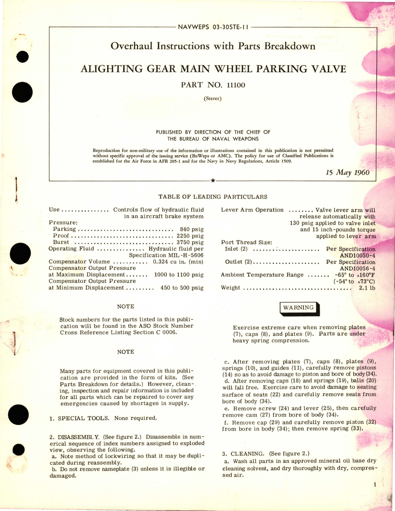 Sample page 1 from AirCorps Library document: Overhaul Instructions with Parts for Alighting Gear Main Wheel Parking Valve - Part 11100 