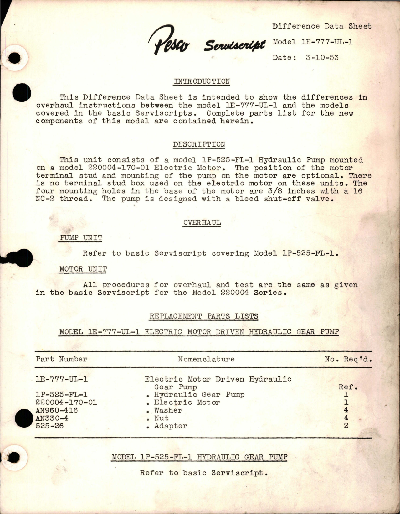 Sample page 1 from AirCorps Library document: Pesco Serviscript Difference Data Sheet - Model 1E-777-UL-1 Hydraulic Pump