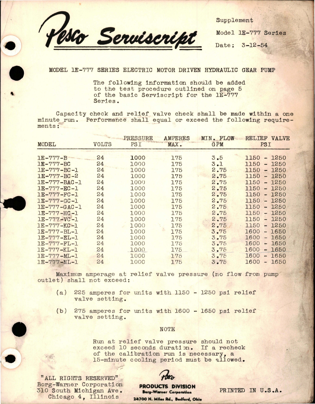 Sample page 1 from AirCorps Library document: Pesco Serviscript Supplement - Model 1E-777 Series Electric Motor Driven Hydraulic Gear Pump