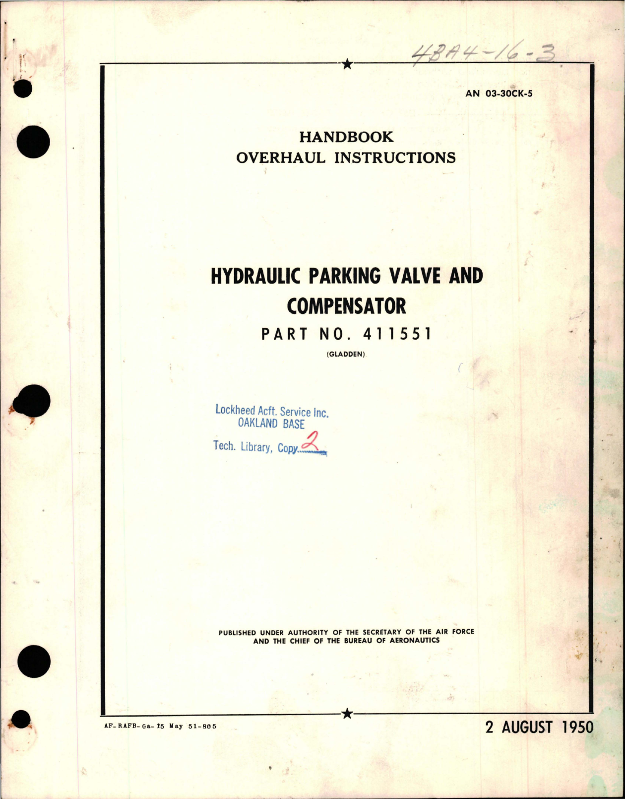 Sample page 1 from AirCorps Library document: Overhaul Instructions for Hydraulic Parking Valve and Compensator - Part 411551 