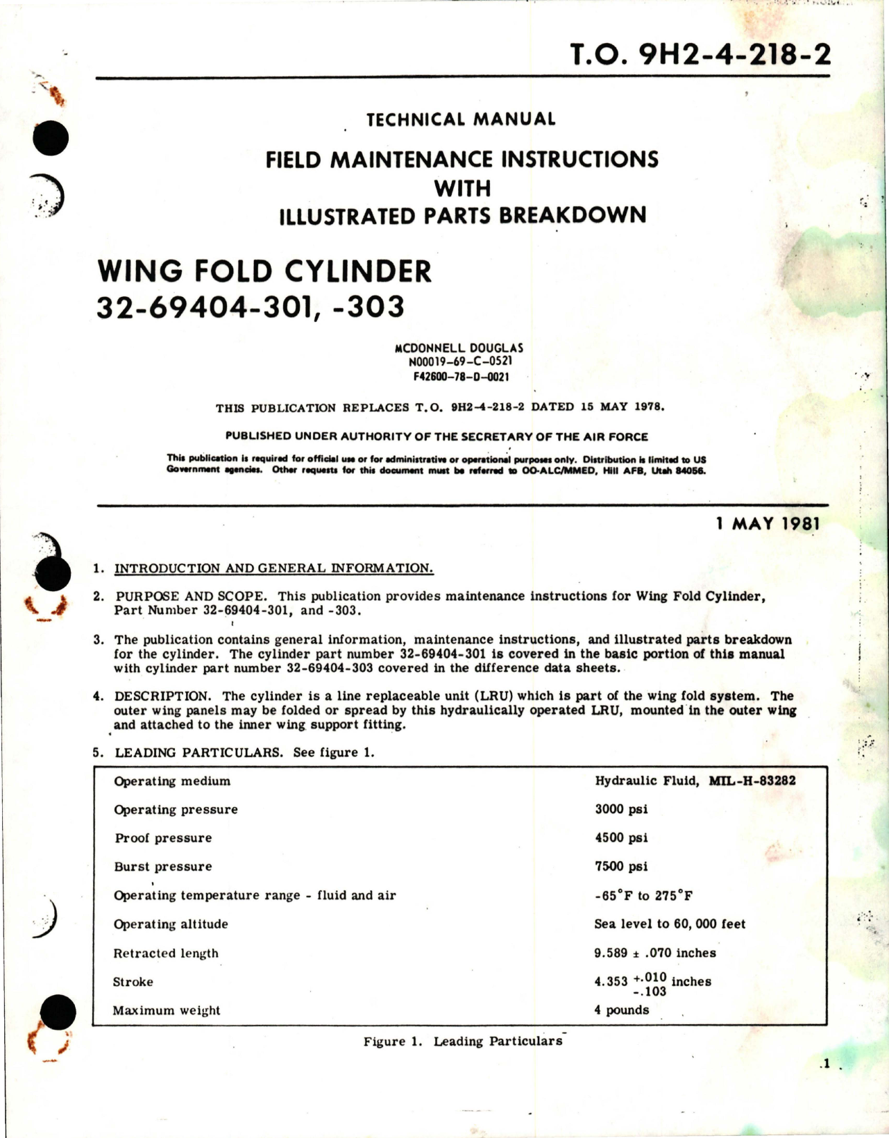 Sample page 1 from AirCorps Library document: Field Maintenance Instructions with Illustrated Parts for Wing Fold Cylinder - 32-69404-301 and 32-69404-303