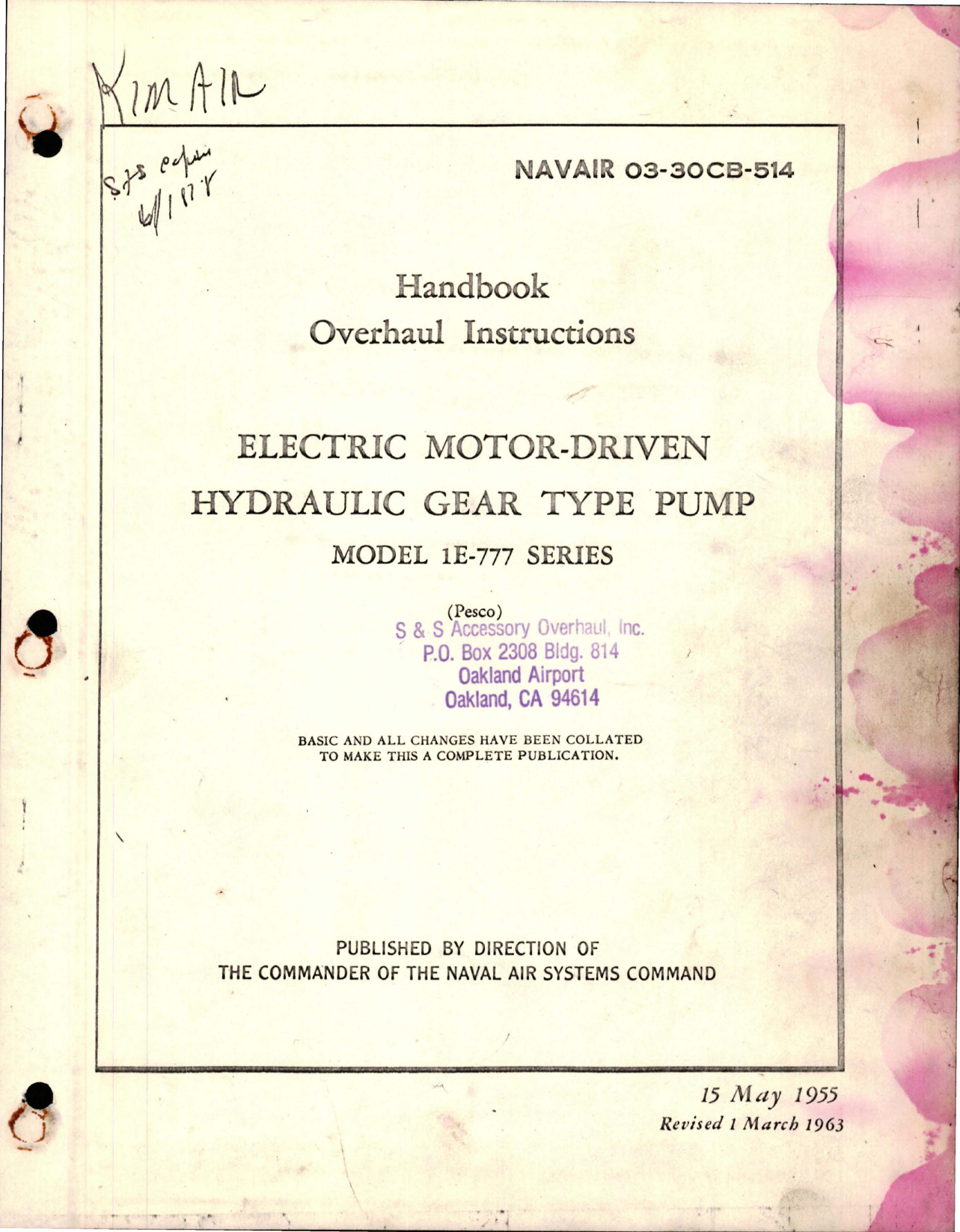 Sample page 1 from AirCorps Library document: Overhaul Instructions for Electric Motor-Driven Hydraulic Gear Type Pump - Model 1E-777 Series