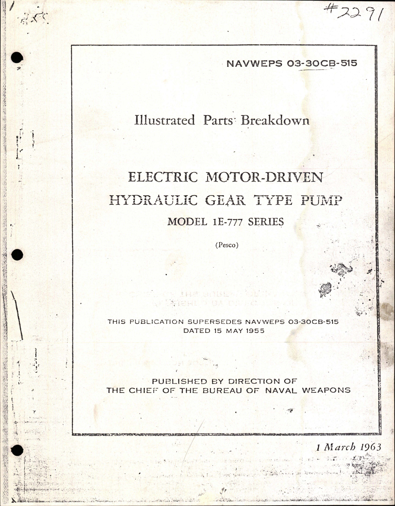 Sample page 1 from AirCorps Library document: Illustrated Parts Breakdown for Electric Motor-Driven Hydraulic Gear Type Pump - Model 1E-777 Series 