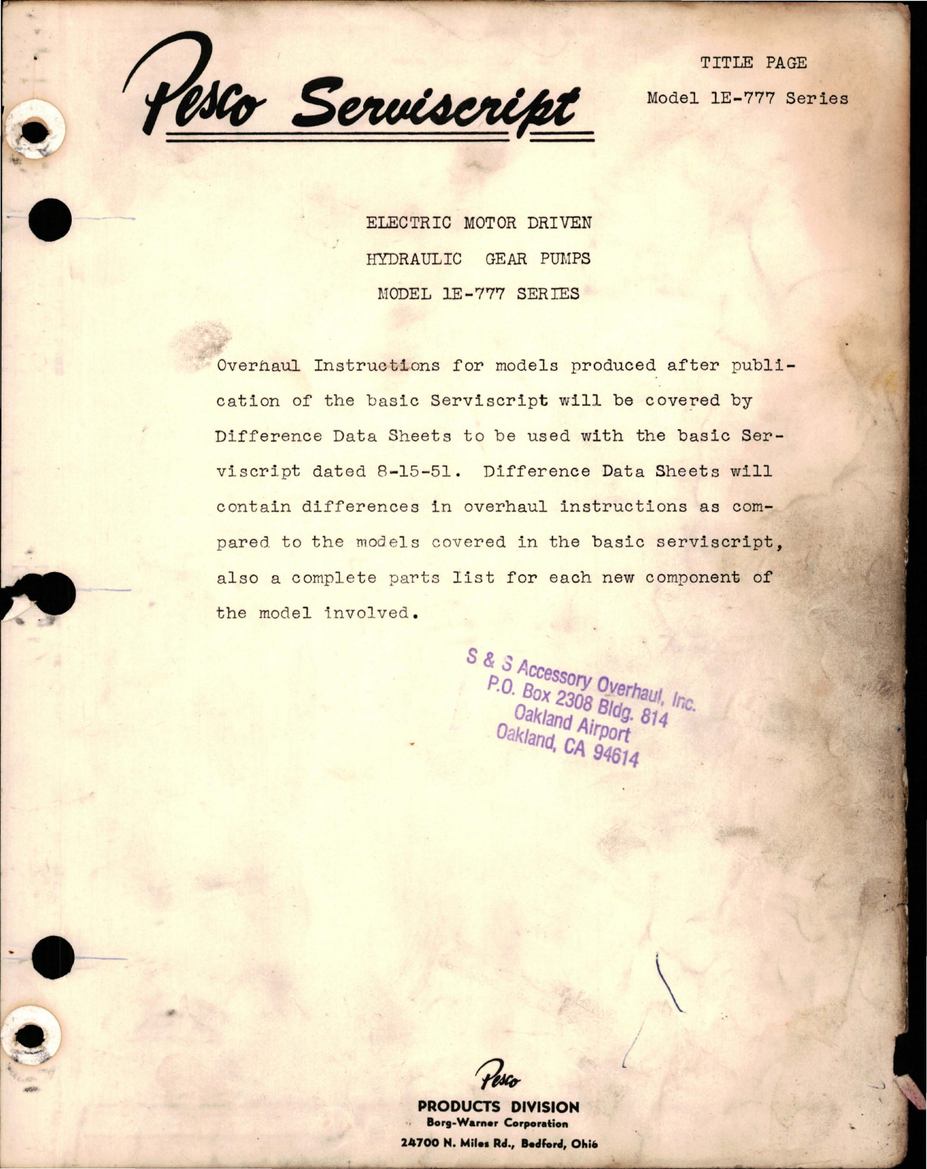 Sample page 1 from AirCorps Library document: Pesco Serviscript - Model 1E-777 Series Electric Motor Driven Hydraulic Gear Pumps