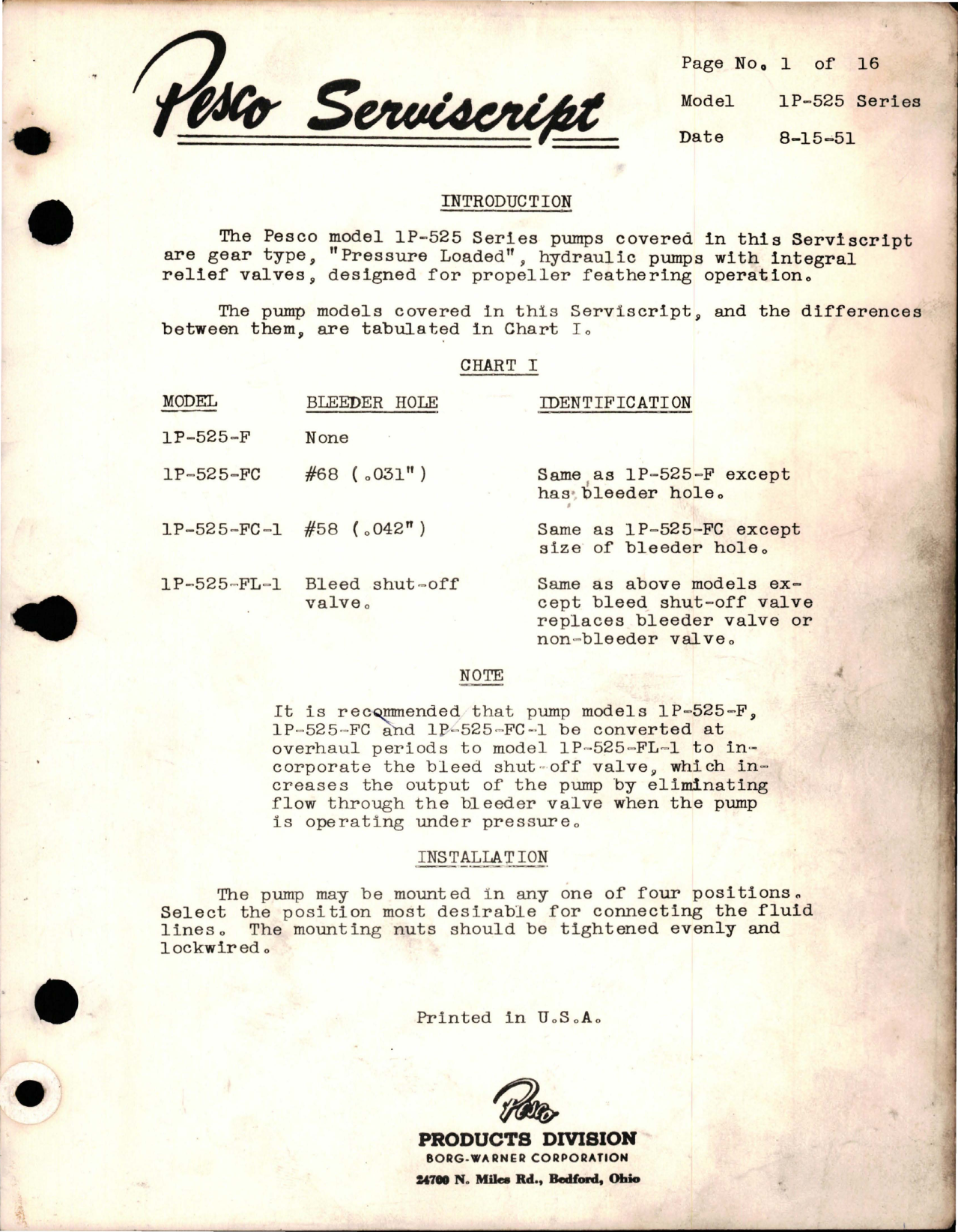Sample page 1 from AirCorps Library document: Pesco Serviscript - Model 1P-525 Series Hydraulic Pumps