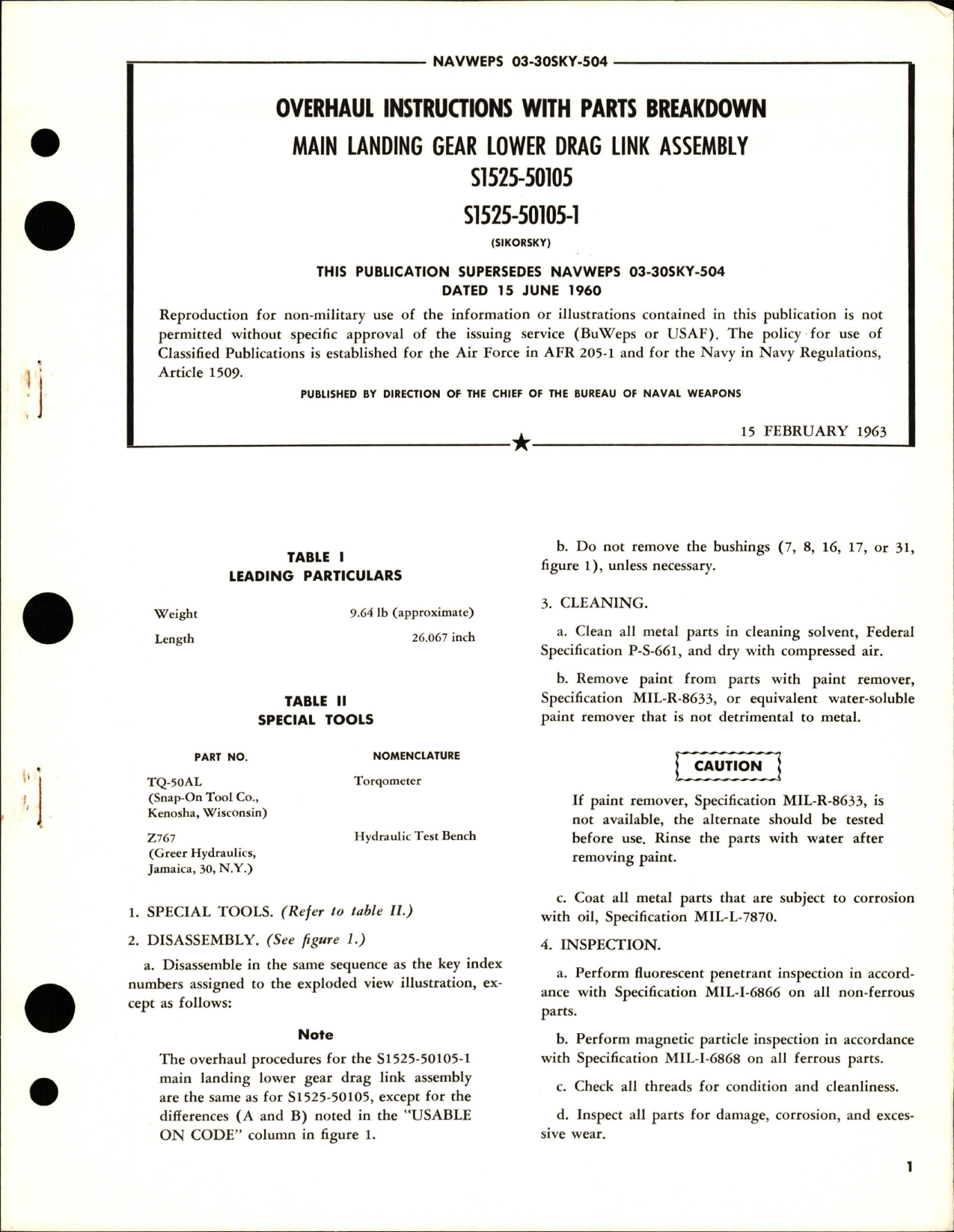 Sample page 1 from AirCorps Library document: Overhaul Instructions with Parts for Main Landing Gear Lower Drag Link Assembly - S1525-50105 and S1525-50105-1