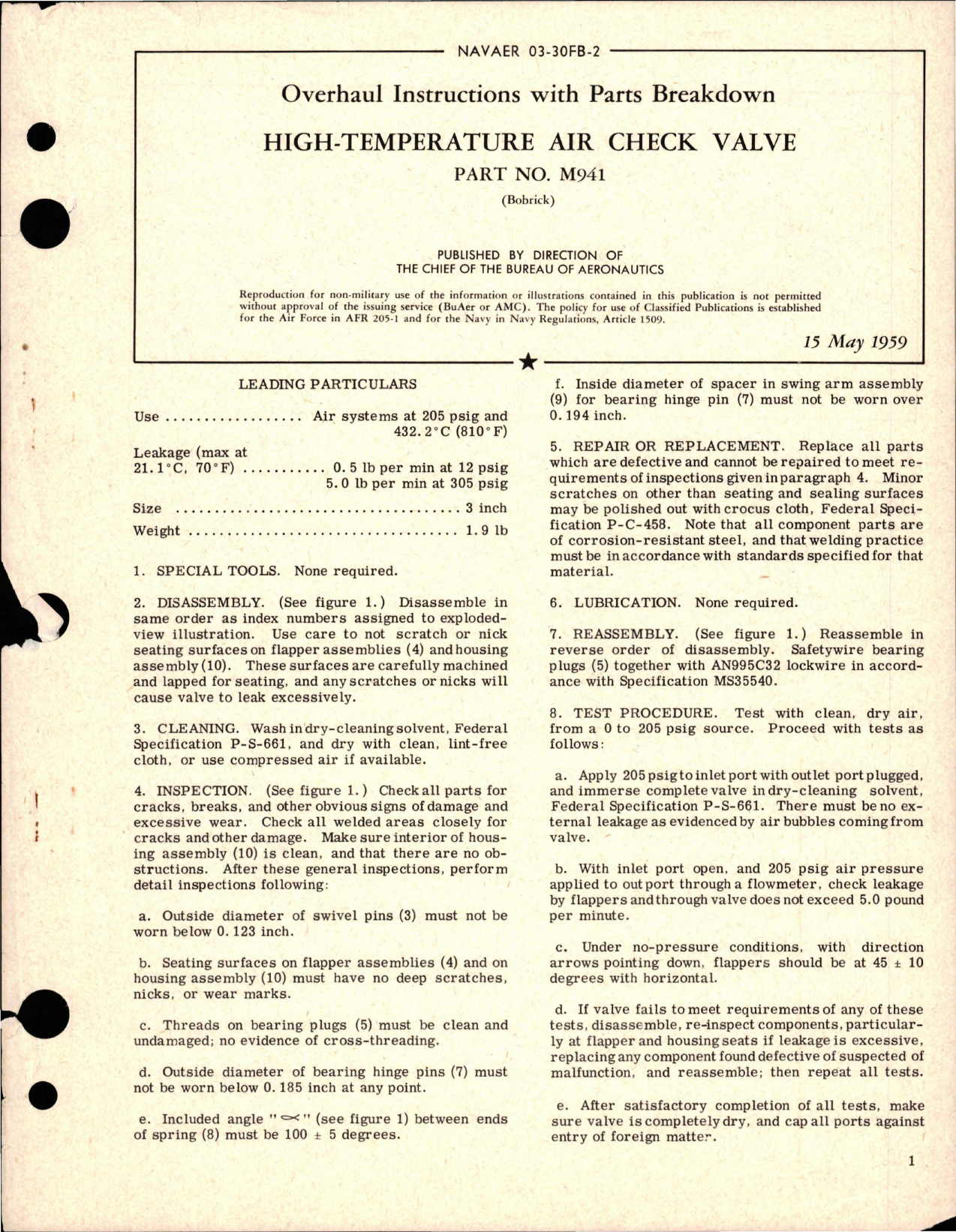 Sample page 1 from AirCorps Library document: Overhaul Instructions with Parts Breakdown for High Temperature Air Check Valve - Part M941