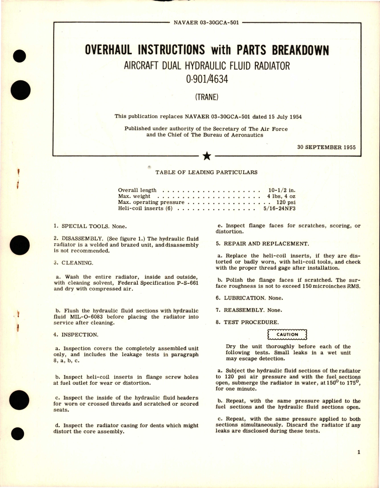 Sample page 1 from AirCorps Library document: Overhaul Instructions with Parts Breakdown for Dual Hydraulic Fluid Radiator - 0-901/4634