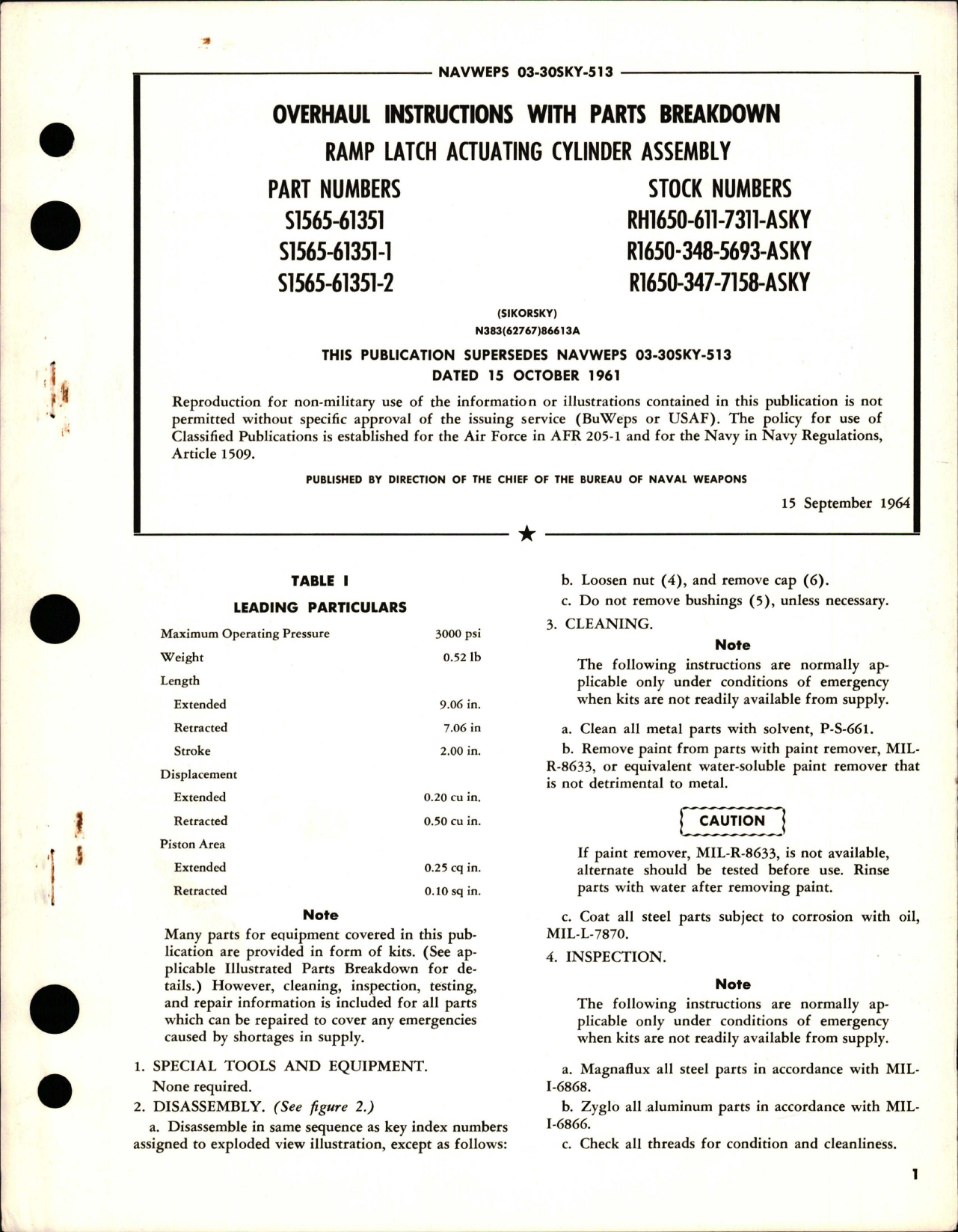 Sample page 1 from AirCorps Library document: Overhaul Instructions with Parts Breakdown for Ramp Latch Actuating Cylinder Assembly - Parts S1565-61351, S1565-61351-1, and S1565-61351-2